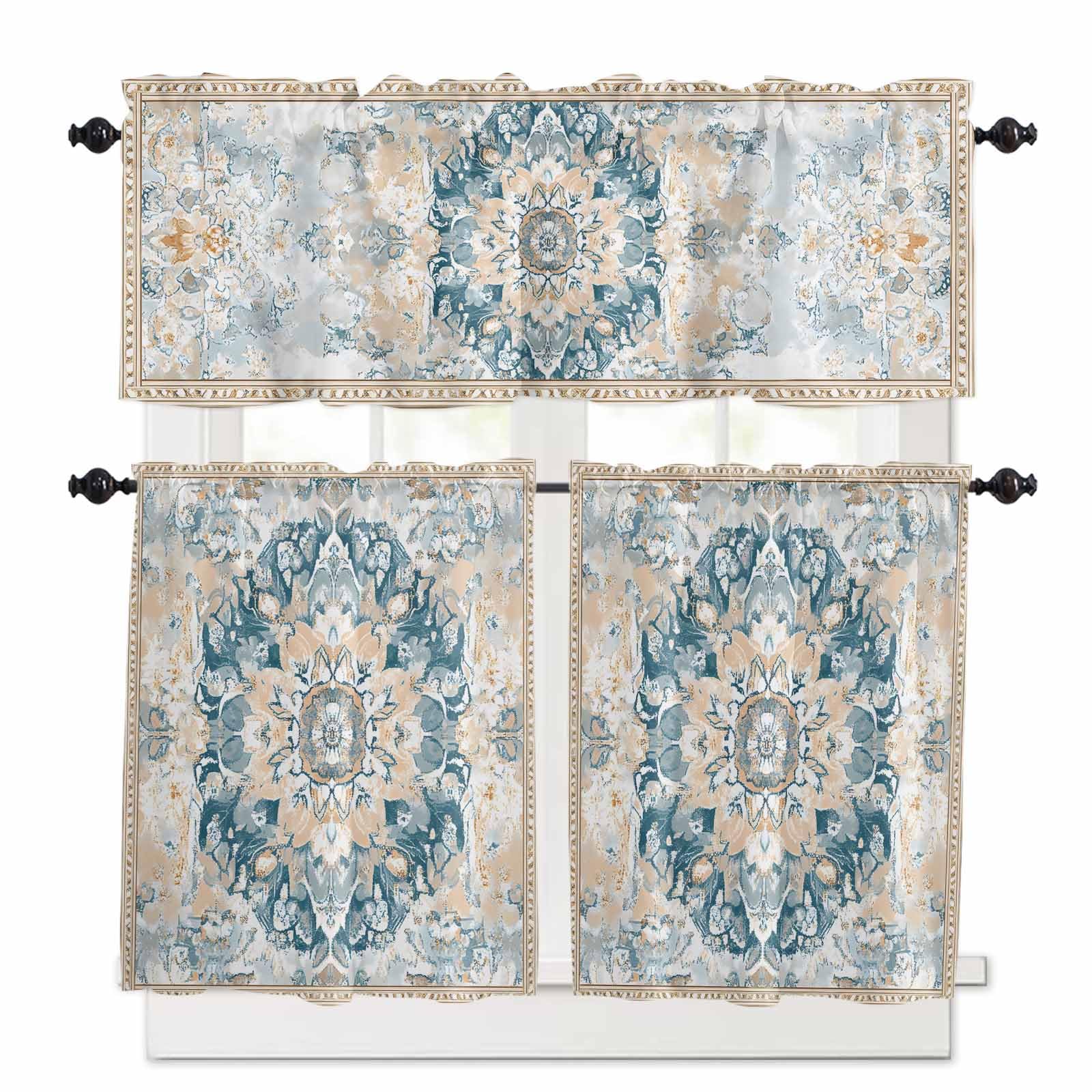 Blue Bohemia Kitchen Curtains 36 Inch Length,3 Piece Rod Pocket Small Half Tiers and Valance Set,Boho Aztec Ethnic Abstract Flowers Pattern Small Large Window Treatment Decor for Bedroom/Bathroom