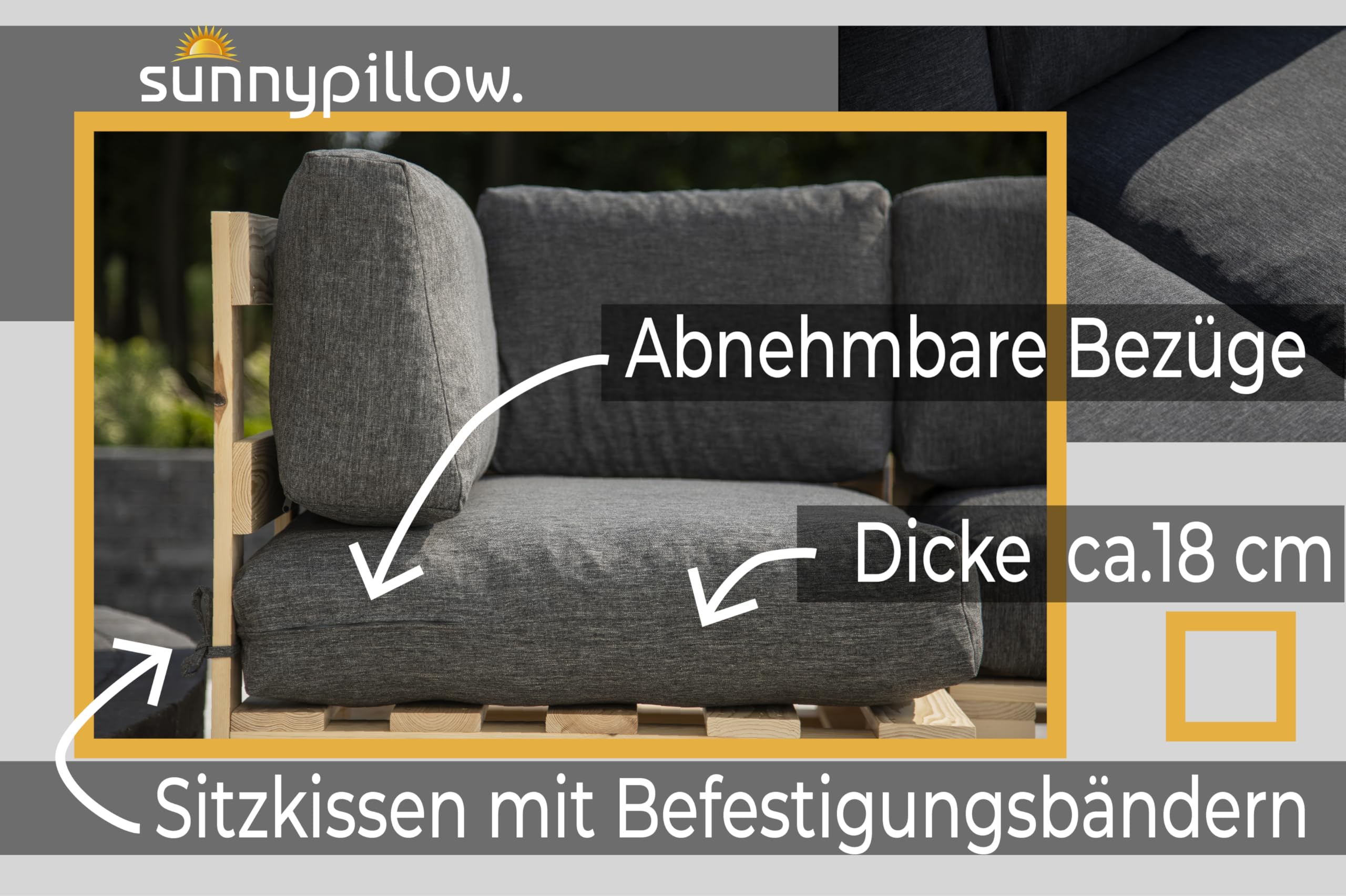 Sunnypillow Cuscino-schienale 120 x 40 cm - Cuscini per divano in pallet impermeabile UV - fodere lavabile - schiuma fredda grigio