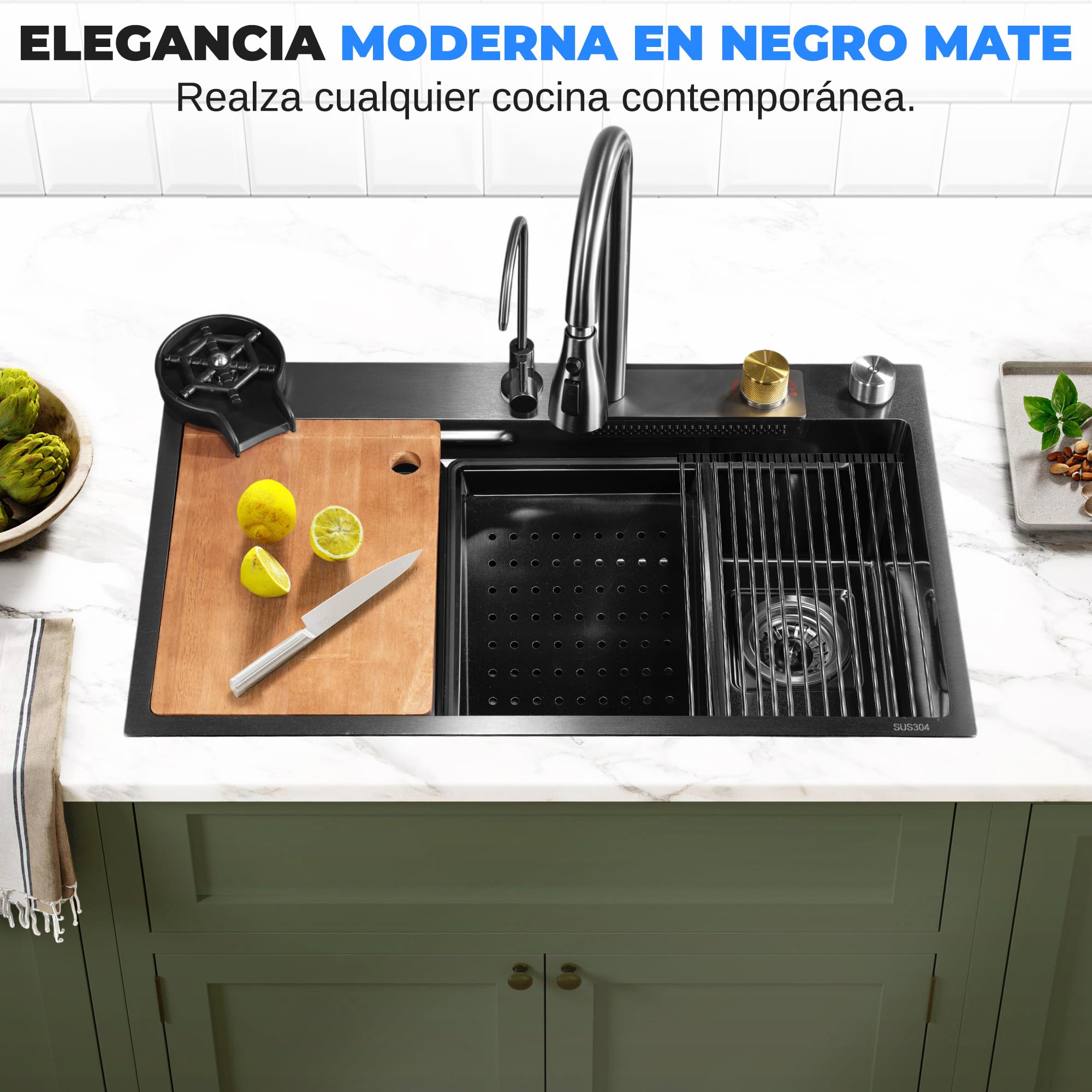 Serenelife fregadero cocina, Con grifo, Rejilla de drenaje, Canasta coladora, Tavla de cortar, Lavavasos, Acero inoxidable, Instalacion bajo o sobre encimera