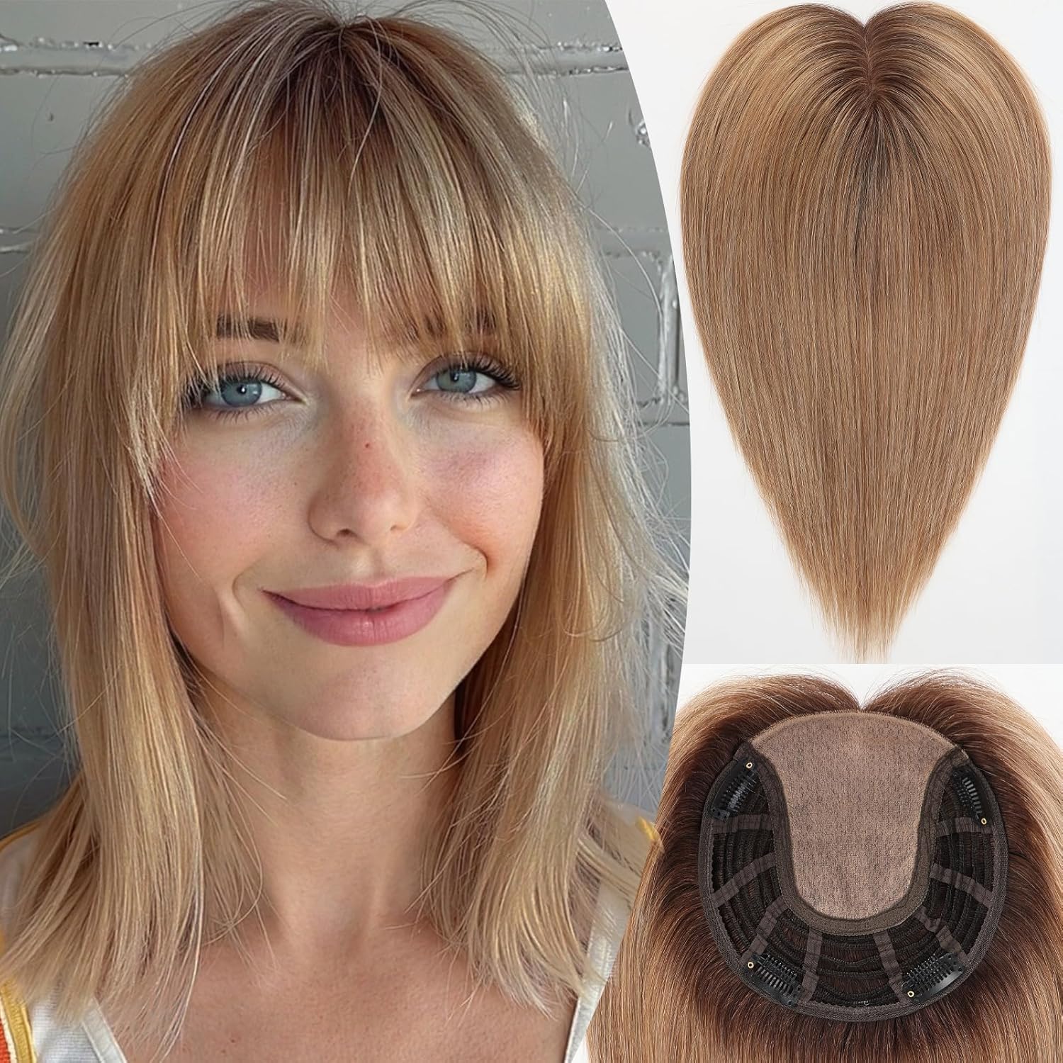 HAIRCUBE 100% Human Hair Topper for Women 7 * 7 Inches Large Coverage Brown Hair Topper with Bangs for Women with Thinninghair Cover Gray Roots