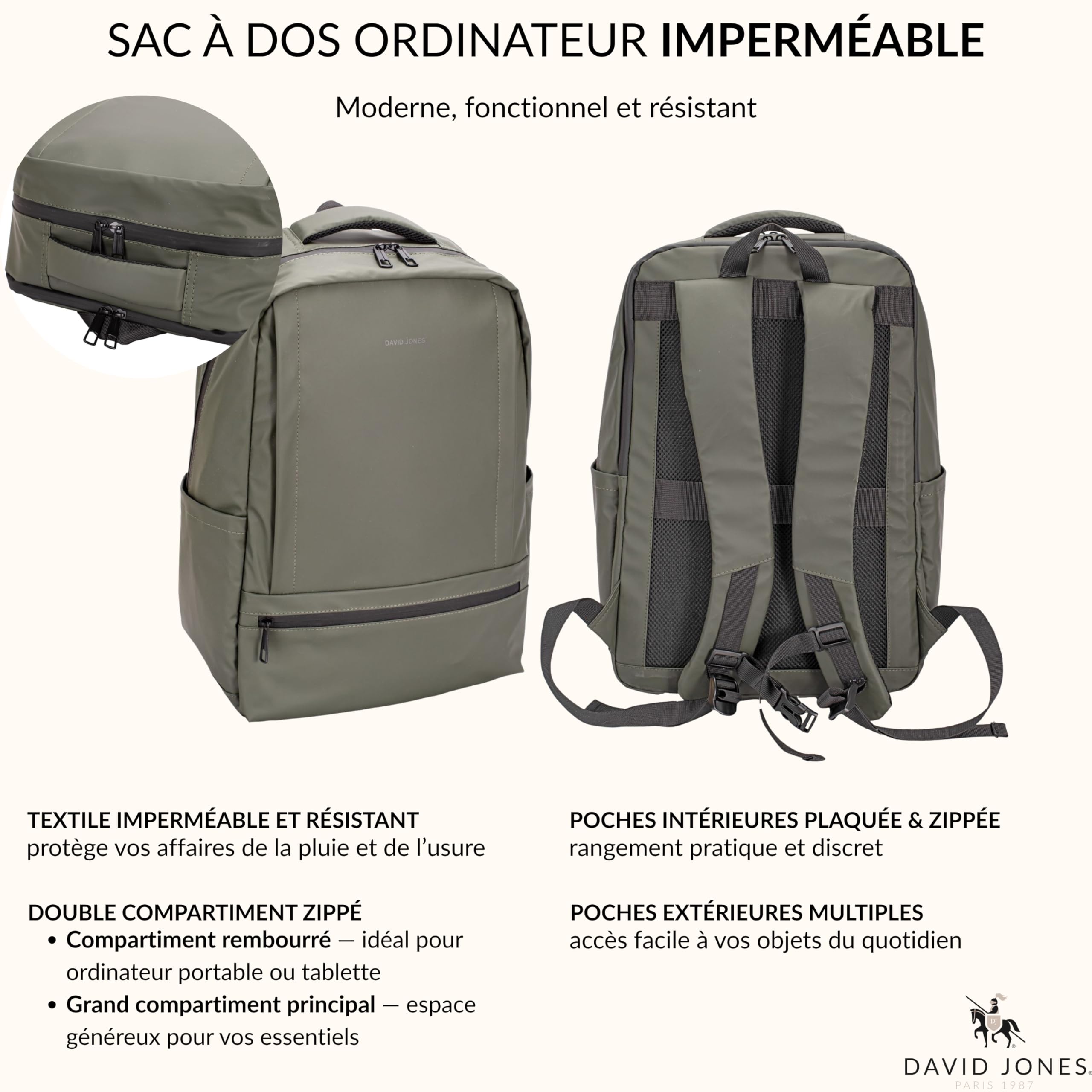 David Jones - Zaino da uomo impermeabile A4 – Borsa da lavoro per studenti da viaggio – Scomparto per computer portatile – Tasche multiple – Grande, Nero , Grand, Business