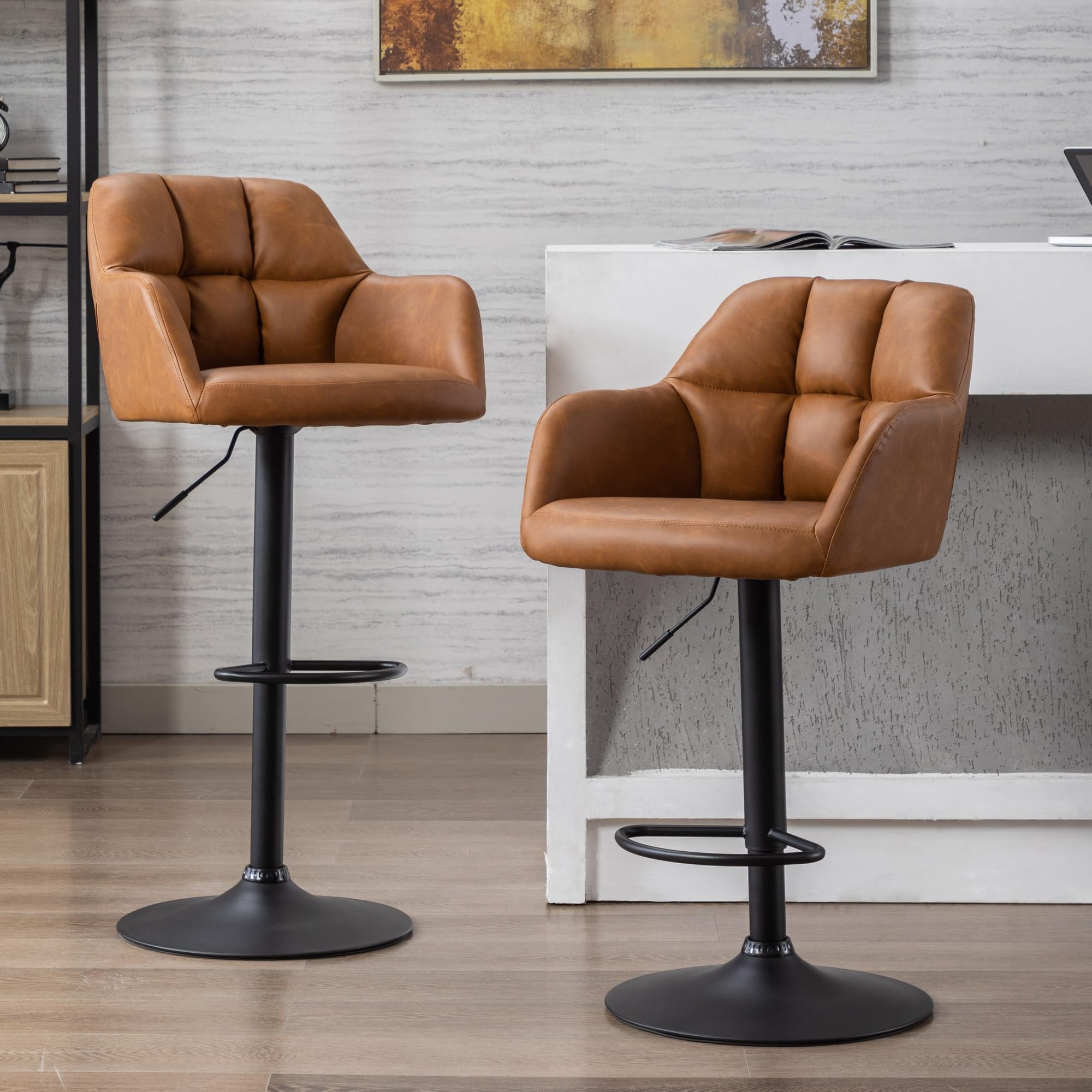 BESTANO Modern Swivel Bar Stools Set of 2 with Back Counter Height BarStools Adjustable Bar Chairs with Metal Footrest Faux Leather Upholstered Island