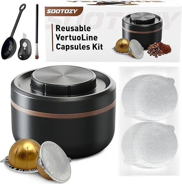 sootozy Reusable Vertuo Capsule Pods Kit for Nespresso with 100PC AL Foil Seals Lids, Refillable Coffee Pods for VertuoLine Compatible with Nespresso VertuoPlus Espresso Machine