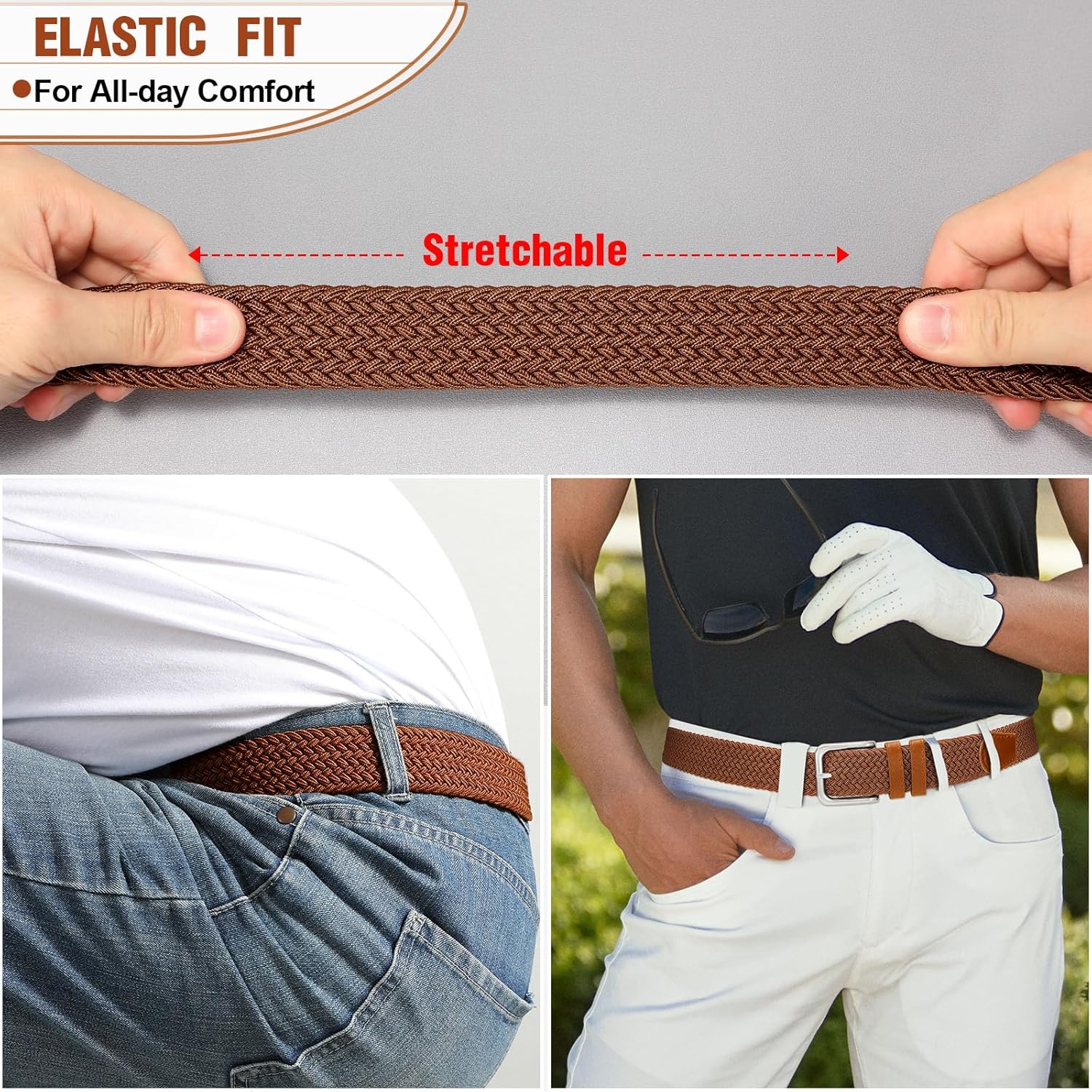 Men's Belt Braided Stretch Belt for Men Golf Pants Casual Shorts Jeans - Image 5