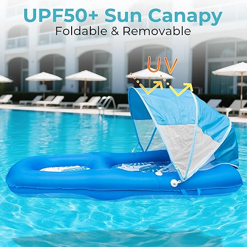 Miniatura 6 de Fabric Covered Inflatable Pool Lounger Float Adult, 70"x39" Extra Large Pool Float w UPF50+ Sunshade Canopy & Cupholder Caddy, Water Floaties Raft
