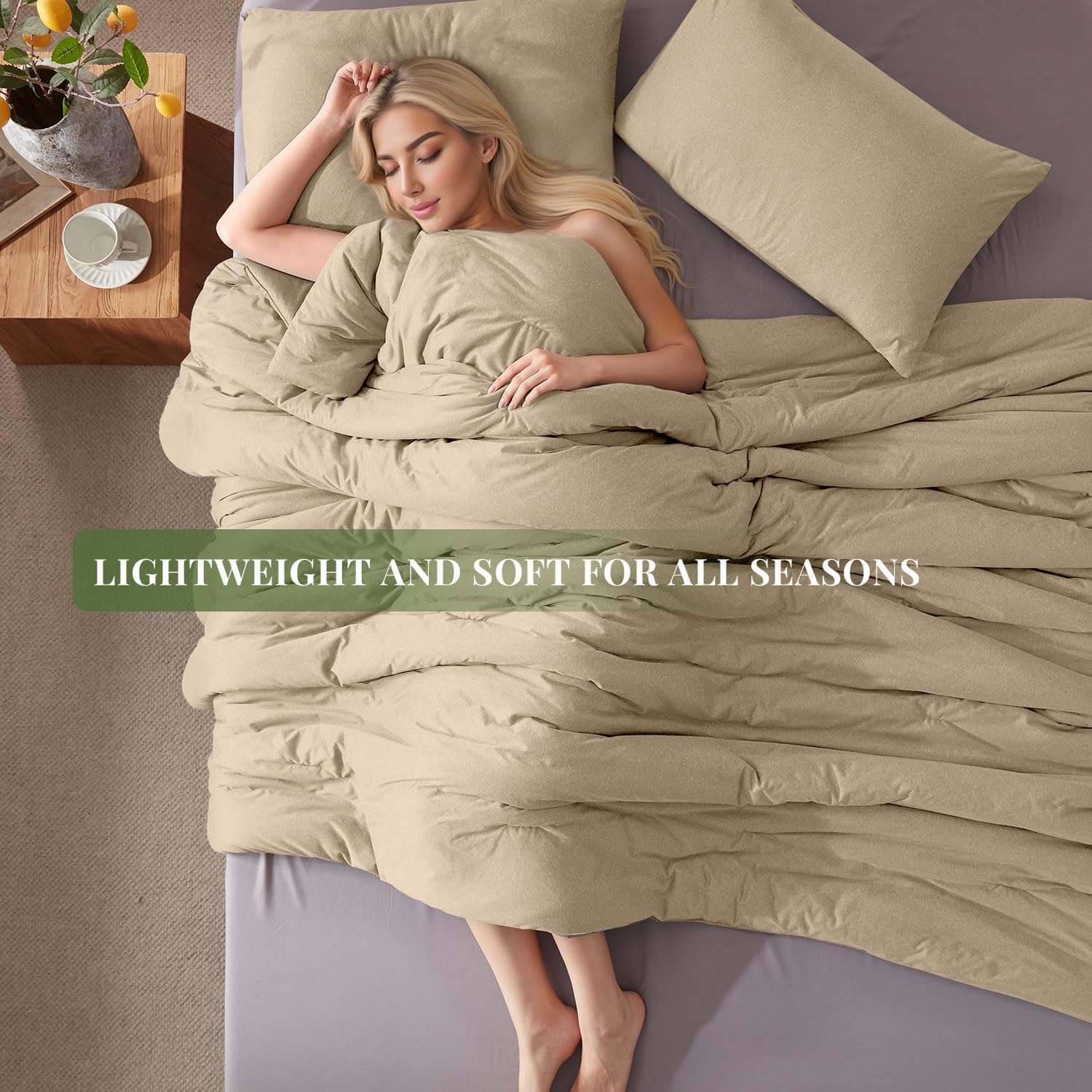 King Size Comforter Set, Comforters King Size Luxury Ultra-Soft Jersey Knit Bedding Sets, Khaki Lightweight Down Alternative Bed Comforter for All Season, 3 Piece Bedding Set - Image 4