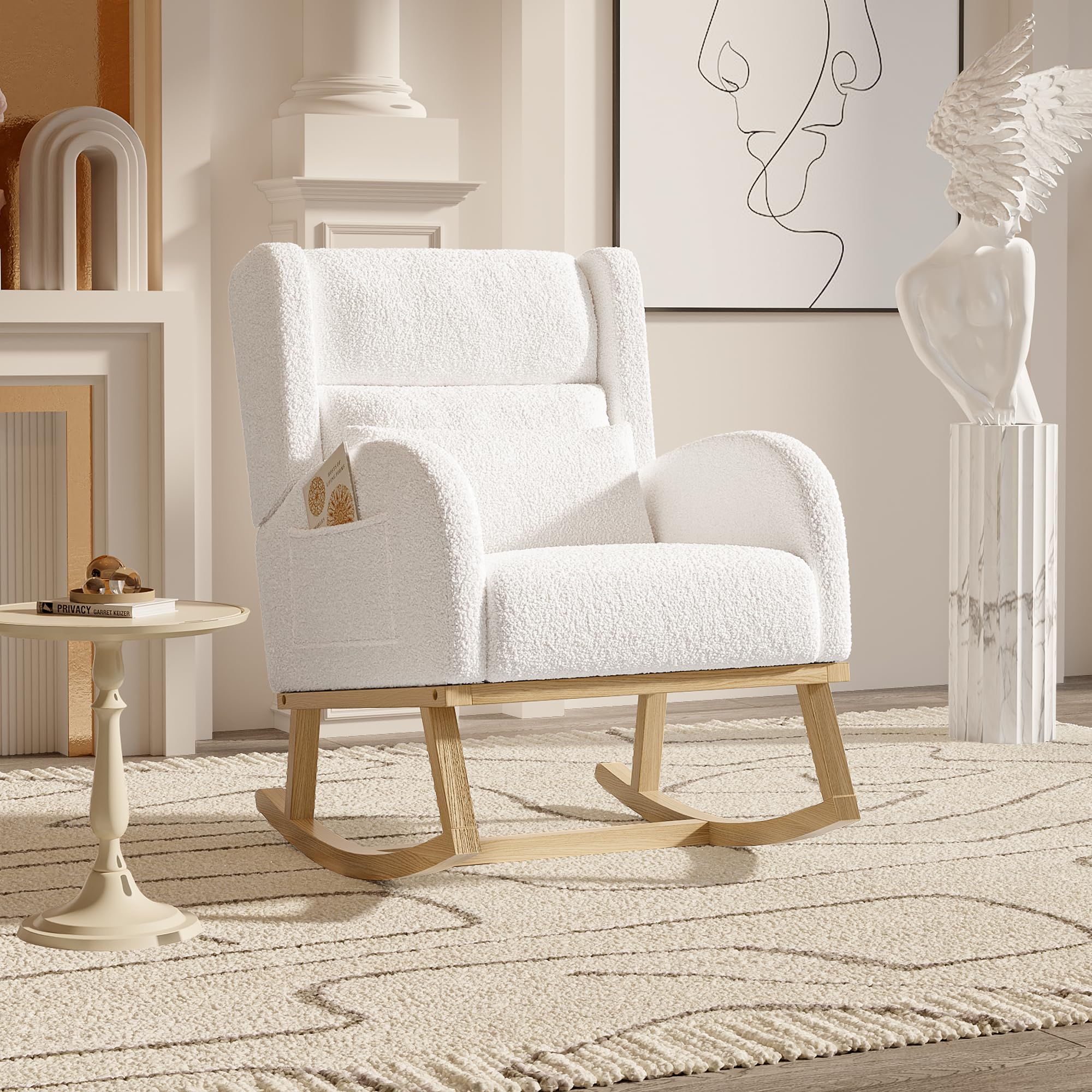 Rocking Chair,Living Room Rocking Chair Interieur,Chaise à Bascule avec Coussin Lombaire, Fauteuil a Bascule Allaitement en Velours Teddy avec Pieds en Bois Massif, Blanc