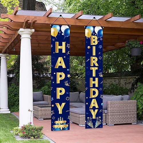 Miniatura 5 de Cartel de feliz cumpleaños para puerta de cumpleaños azul marino y dorado para hombres y mujeres, cartel de feliz cumpleaños, suministros de fiesta,