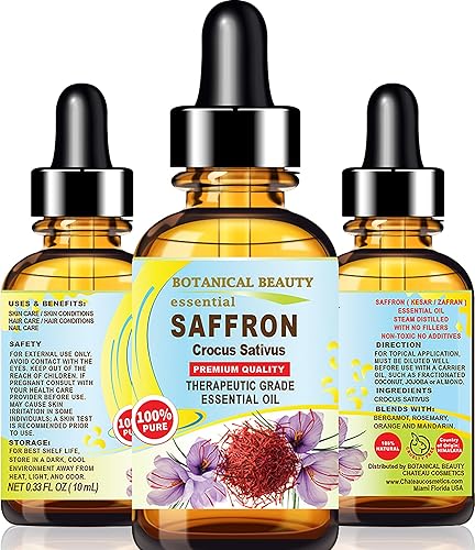 Aceite esencial de azafrán (Kesar) Crocus Sativus 100% natural para cara, piel, cuerpo, cabello, cuidado de uñas, piel seca y dañada, aromaterapia