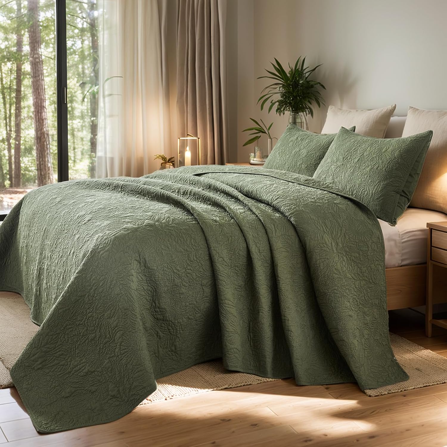 Brandream Olive Green Botanical Quilt Set Queen Size Cotton Cottage Sculpted Floral Vine Stitching Heirloom-Quality 3-Piece Quilt Bedding Set