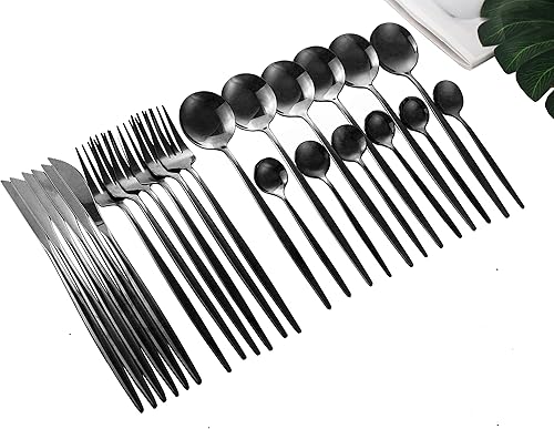 Juego de cubiertos negros de 24 piezas para 6 cubiertos de acero inoxidable pulido con espejo coreano, moderno, incluye tenedores, cucharas,