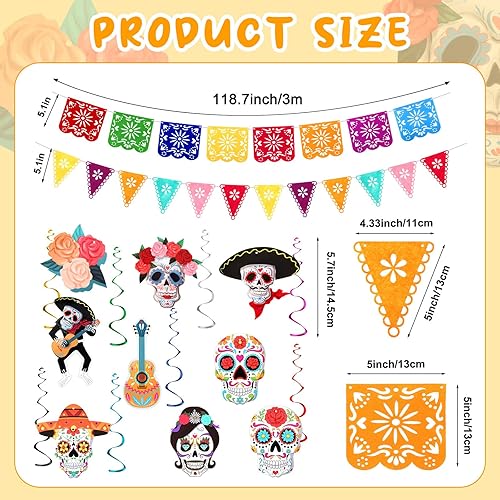 Miniatura 2 de Juego de 30 piezas de decoración del Día de los Muertos, guirnalda de caléndula para fiesta mexicana, mantel de serape, decoración de calavera