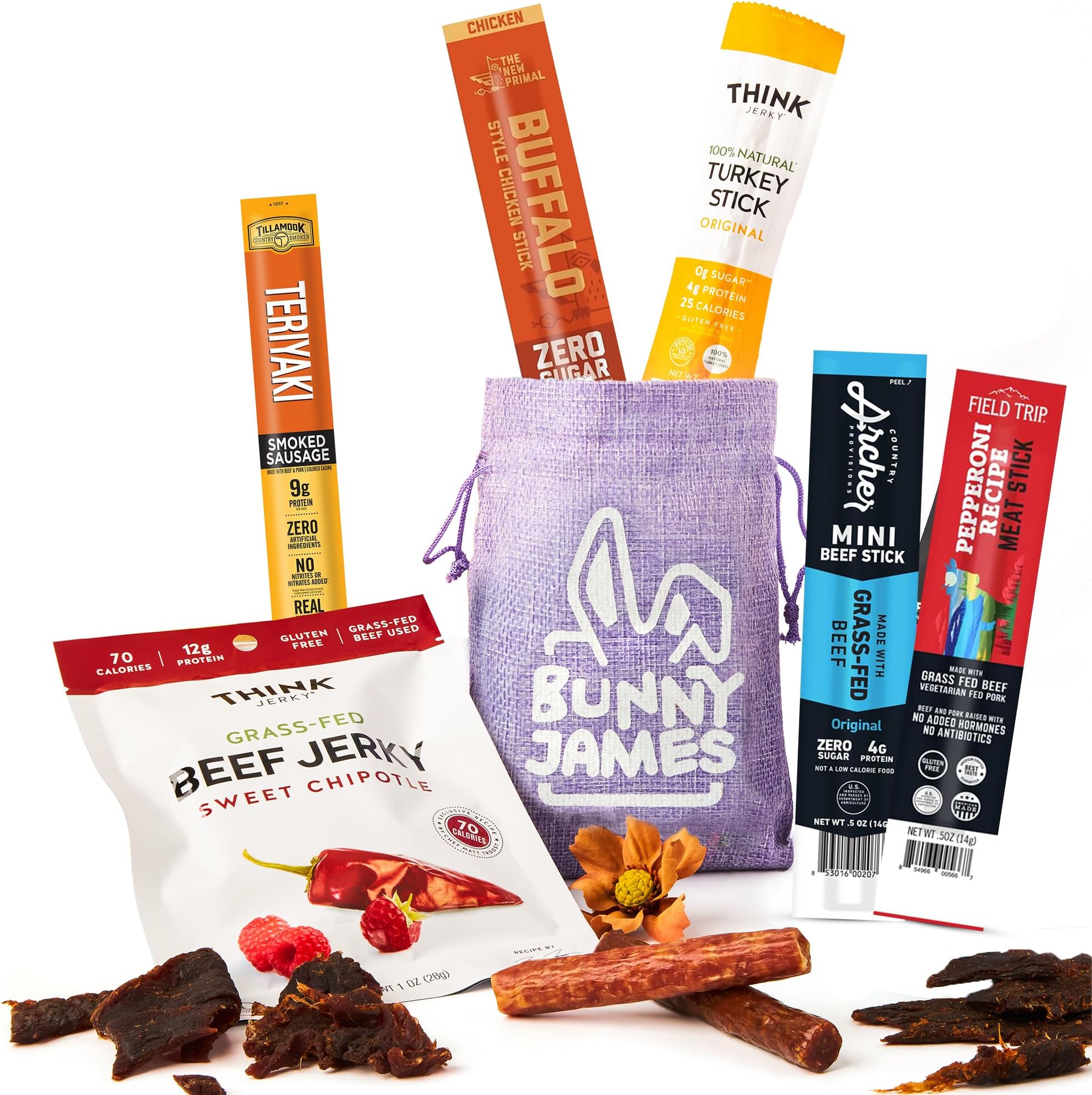 Jerky Gift for Men - Premade Gift Basket Stuffers for Adults - Prefilled with Curated Assortment of Exotic Beef Sticks - Protein Snacks, For Dad