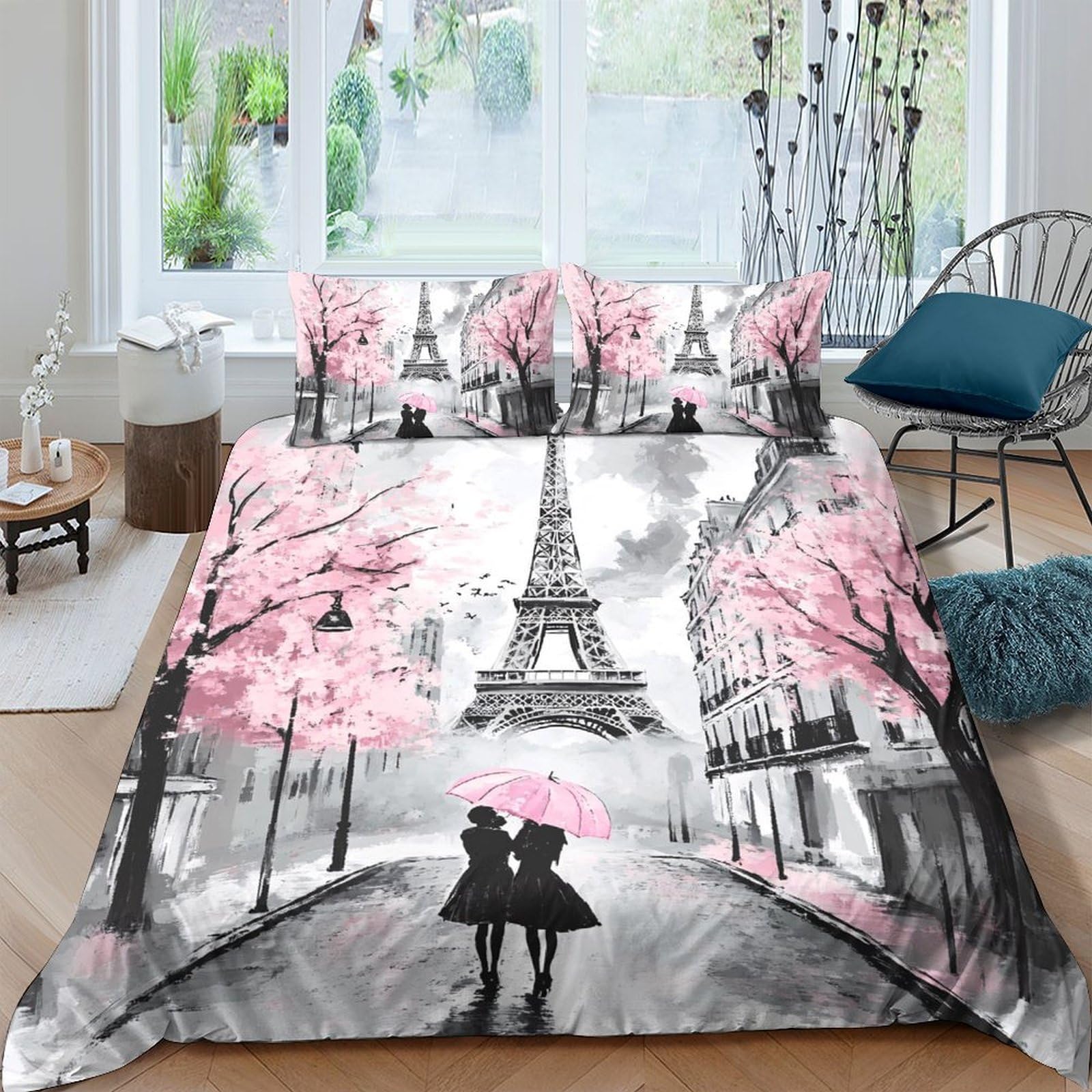 Ctjqhvkz Style-2 3D Printed Paris Eiffel Tower Fitted Sheet Microfiber Pink Blossom Lover Street Mattress Cover For Bedroom Dorm Décor Single（135X200cm）