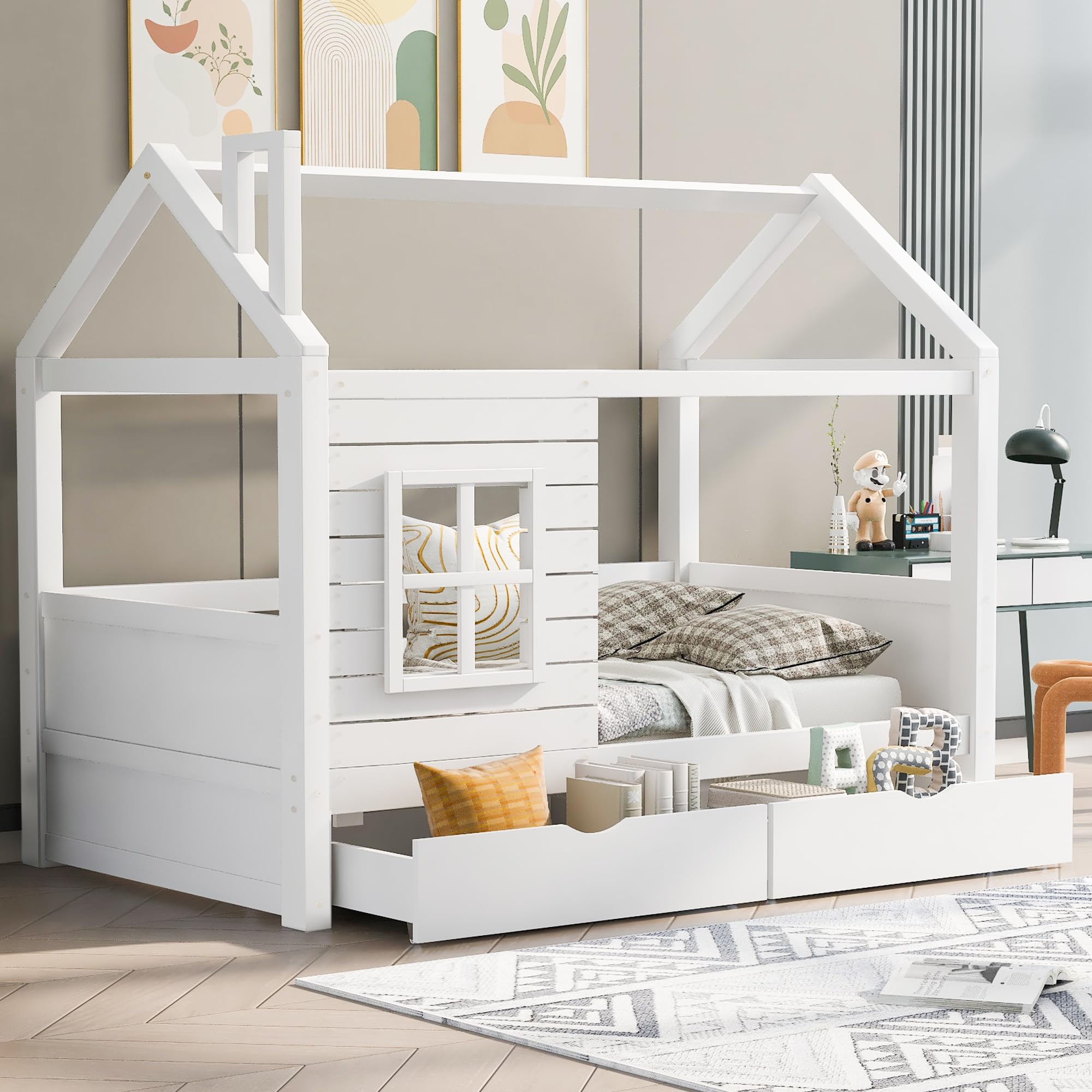 HESHU Kinderbett Hausbett 90x200 cm, Bettgestell mit Fenstern und 2 Schubladen, Kinderbett mit Dach, Massivholz Bett mit Rausfallschutz und Lattenrost, ohne Matratze, Weiß