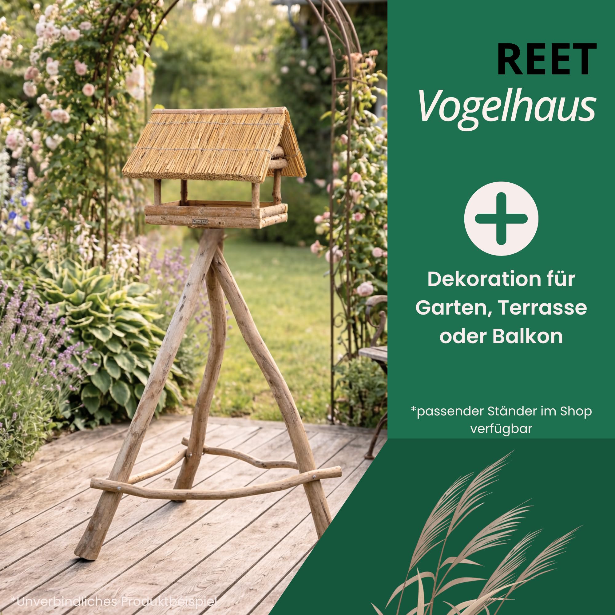 Vogelhaus mit Reetdach | Vogelfutterhaus SPREEWALD | Größe L | Holz Futterhaus für Vögel aus 100% Handarbeit I Ideal für Balkon, Garten & Terrasse I Witterungsbeständig