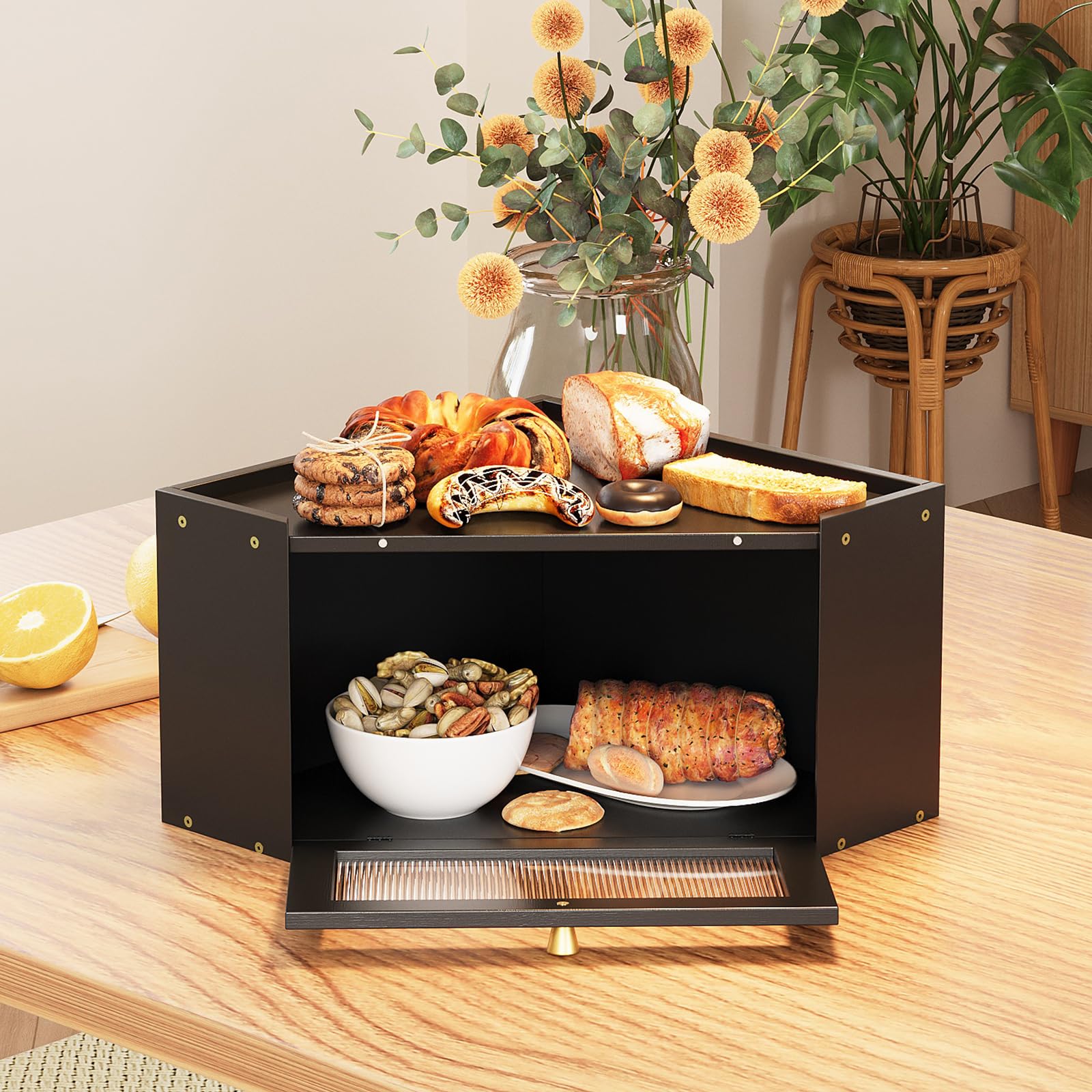 VEDECASA Boîte à pain d'angle pour cuisine en bambou avec porte en acrylique transparente - Noir - Corbeille à pain pour coins de cuisine - Grande boîte à pain au design rustique - 32 x 32 x 20 cm