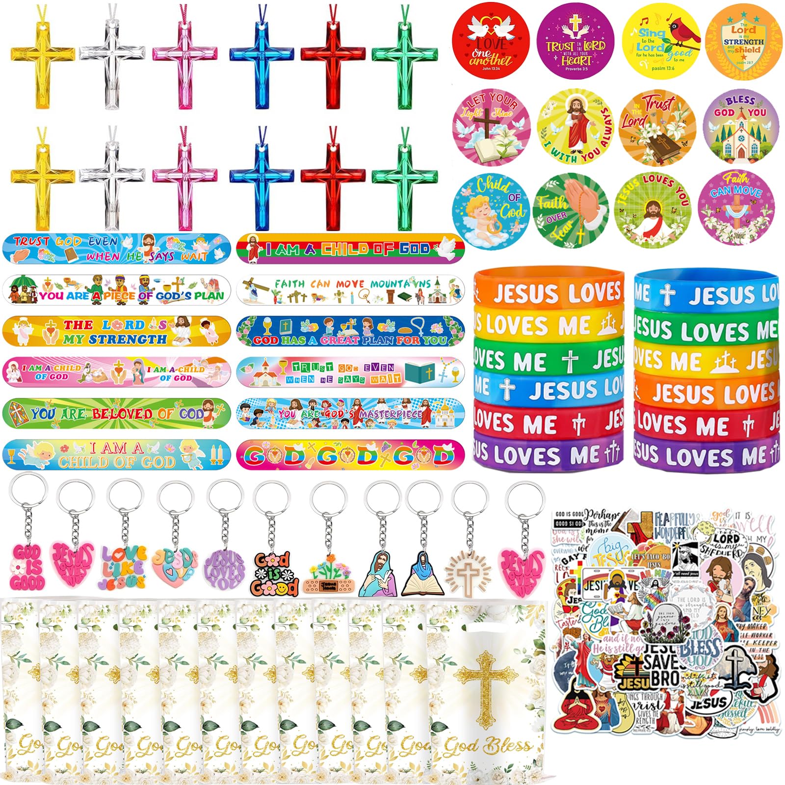 Anprola Christian Bible Party Gifts Supplies Set with Cross Necklace Wristbands Keychains Badges Stickers Bags for 12 Guests Jesus Religious Party Decorations Goodie Bags Pinata Fillers Rewards
