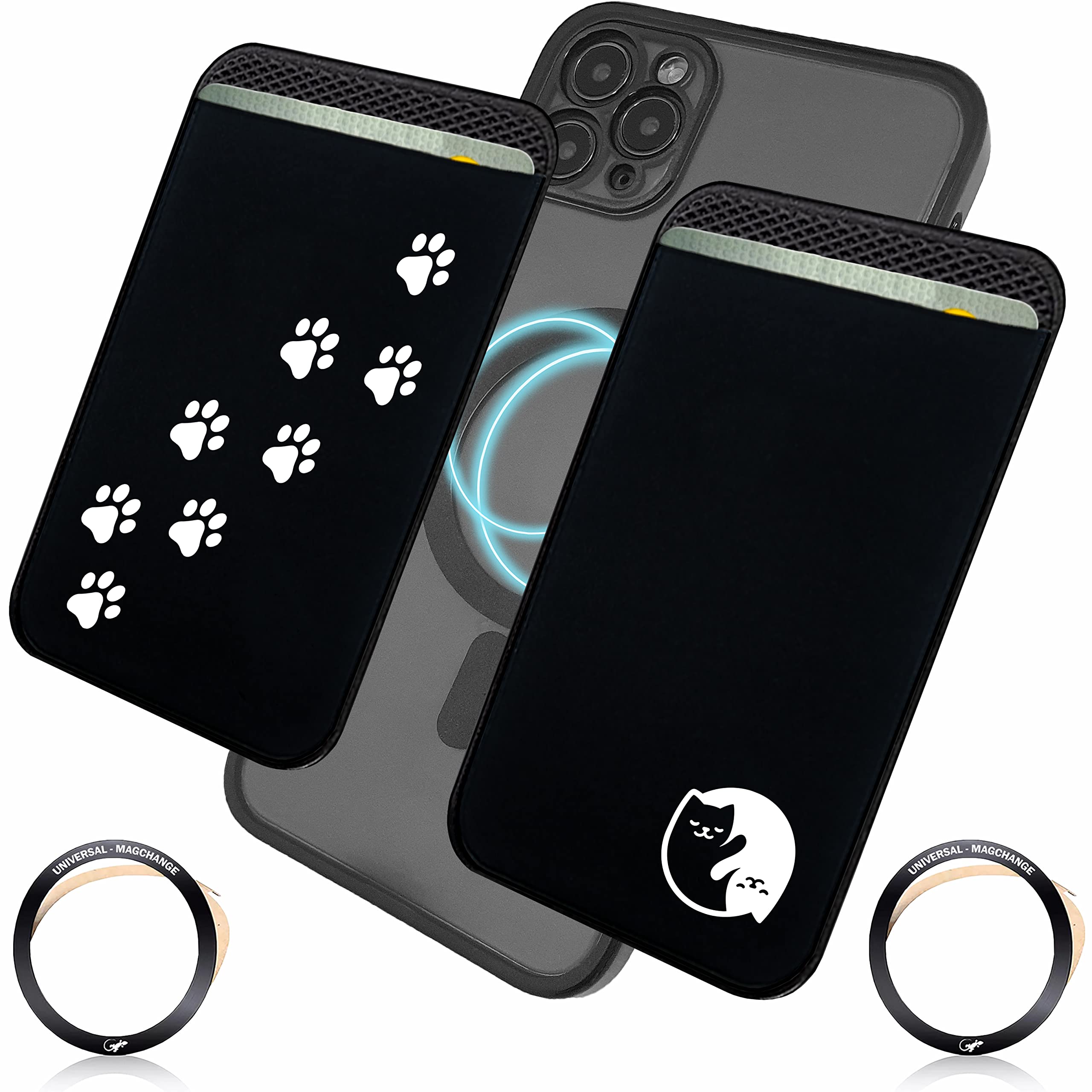 Gecko Travel TechMagnetic Wallet Universal Magsafe for Any Phone - Card Holder for Back of Phone - MagSafe for iPhone 12 13 Mini Pro – Extra Adhesive Magnetic Ring Included (2 Pack - CAT+Dog)