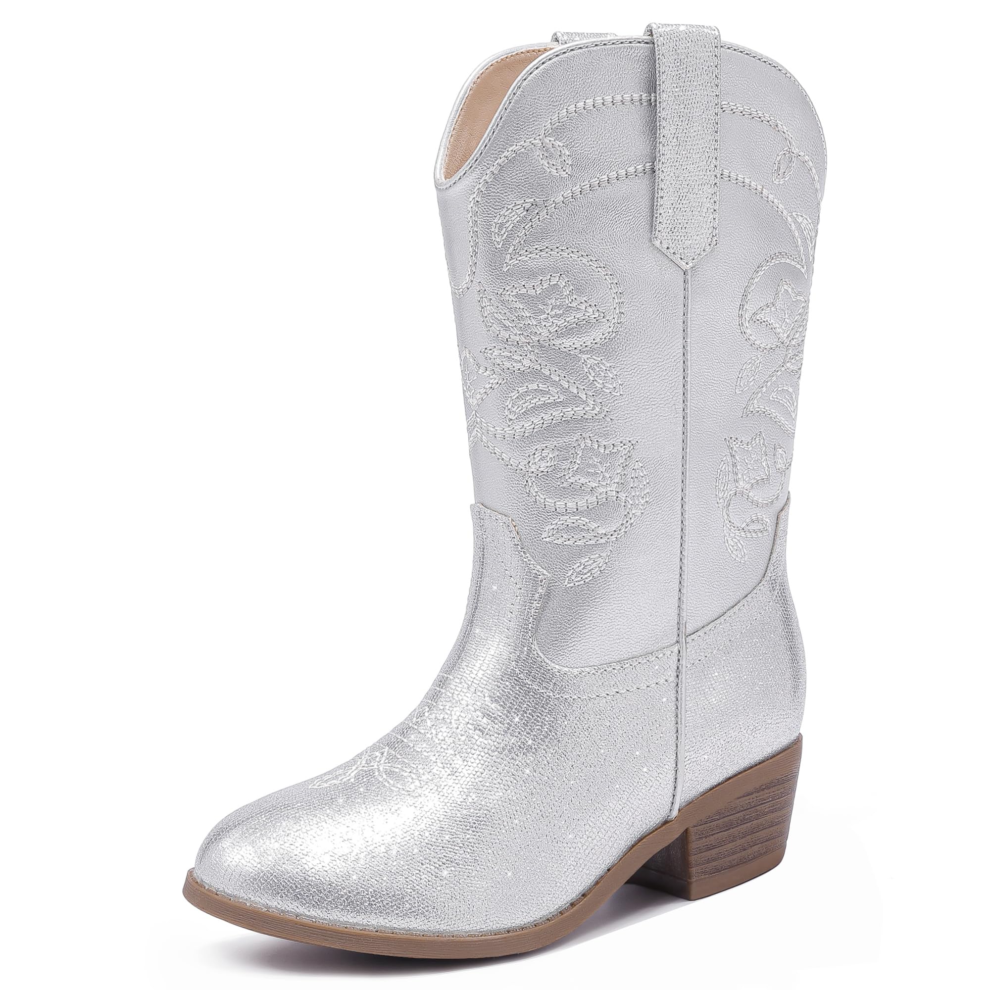 LAURMOSA Silver Cowboy Boots for Girls Childrens Cowgirl Boots Little Girls Western Boots Pointed Toe Zipper Classic Embroidered Horse Riding Dance Party Size 1 Big Kids(L1051Silver 1)