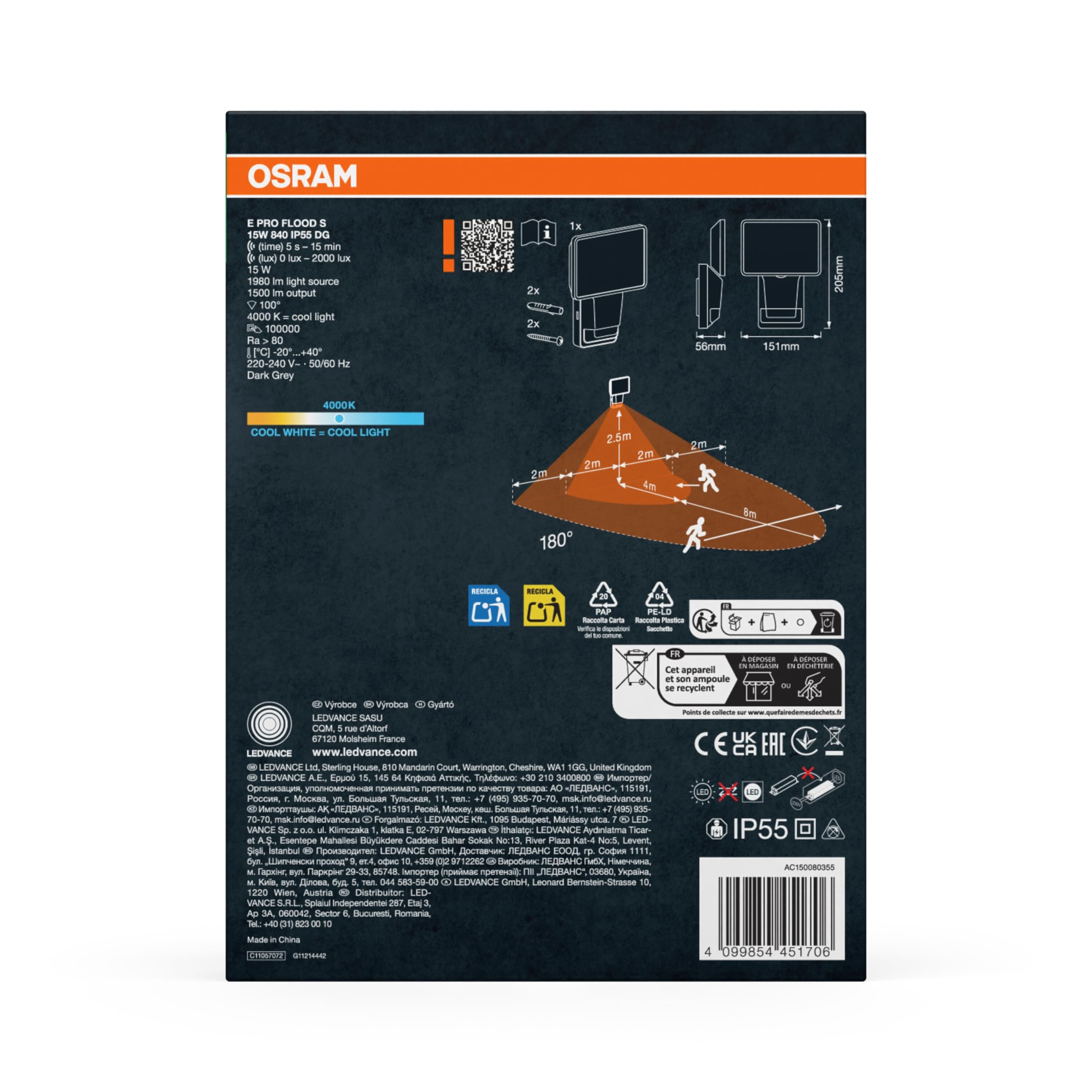 Osram Endura Pro projecteur extérieur avec capteur, Angle Diffusion Large, Design Optique innovant, 15W, Gris foncé, Protection IP55, pour Parking et Parcs