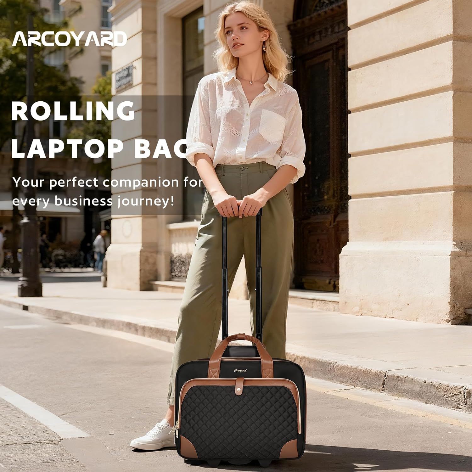 Arcoyard Rolling Laptop Bag, Rolling Briefcase for Women with Waterproof Pocket, 16 Inch Computer Bag, Underseat Carry On Luggage with Wheels for Work Travel Business, Lightweight Black Brown
