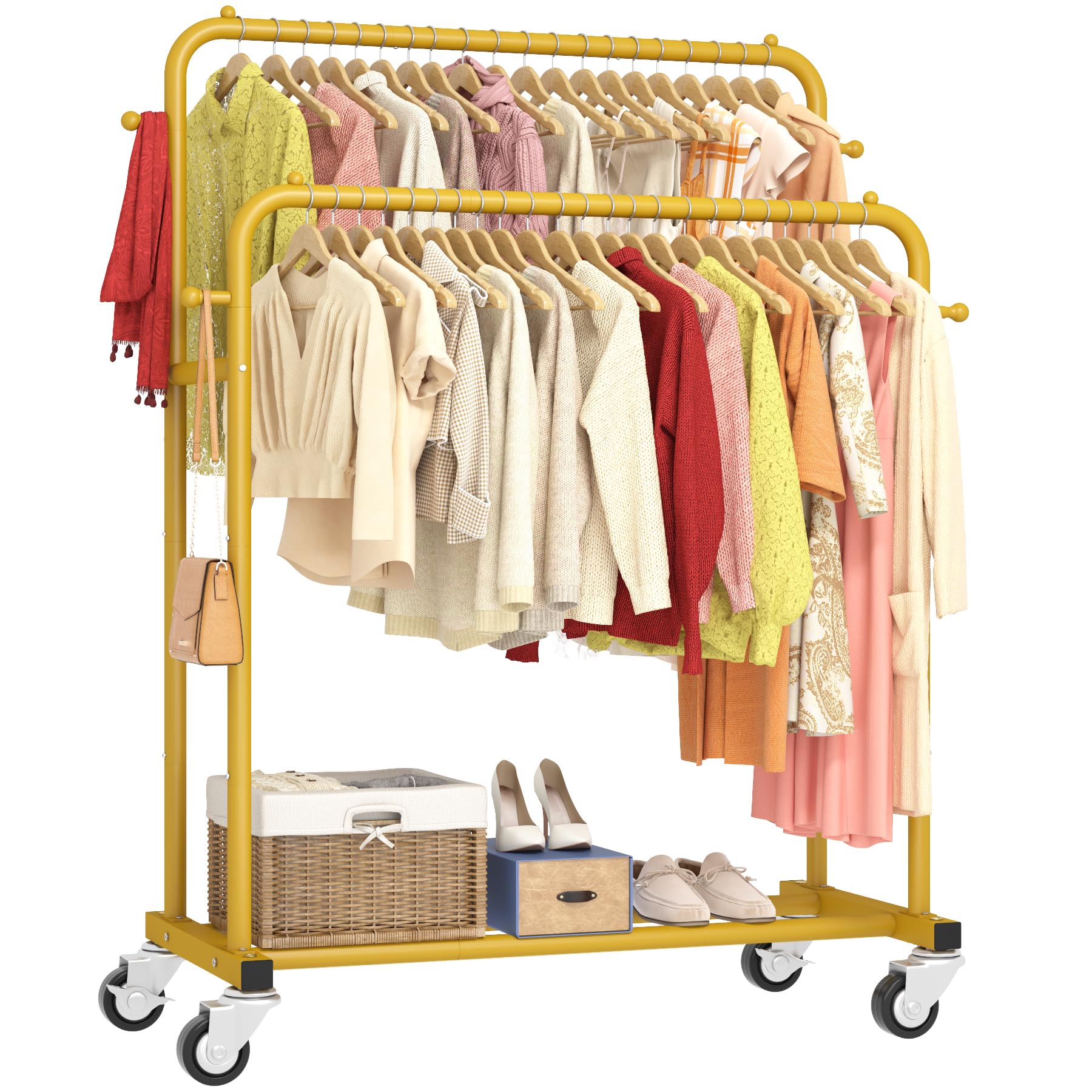 Photo 1 of Laiensia Double Rods Garment Rack with Wheels, Clothing Rack for Hanging Clothes,4 Hooks, Multi-functional Bedroom Clothes Rack, Gold