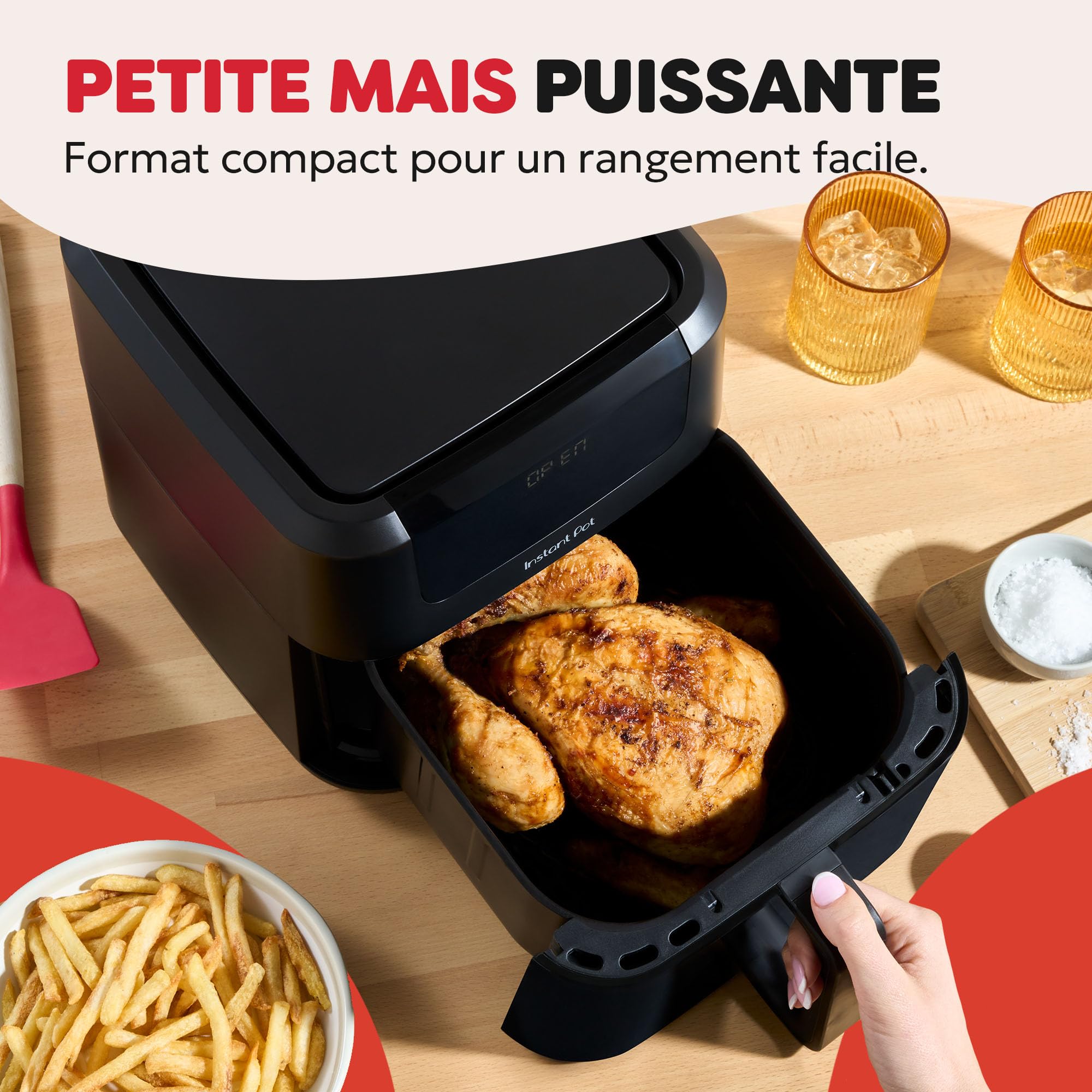 Instant Pot Vortex Compact Noir - Friteuse à air chaud 5 l, format familial, 4 en 1 - Air Fryer, séchage, cuisson, réchauffage, revêtement antiadhésif, facile à nettoyer, lavable au lave-vaisselle
