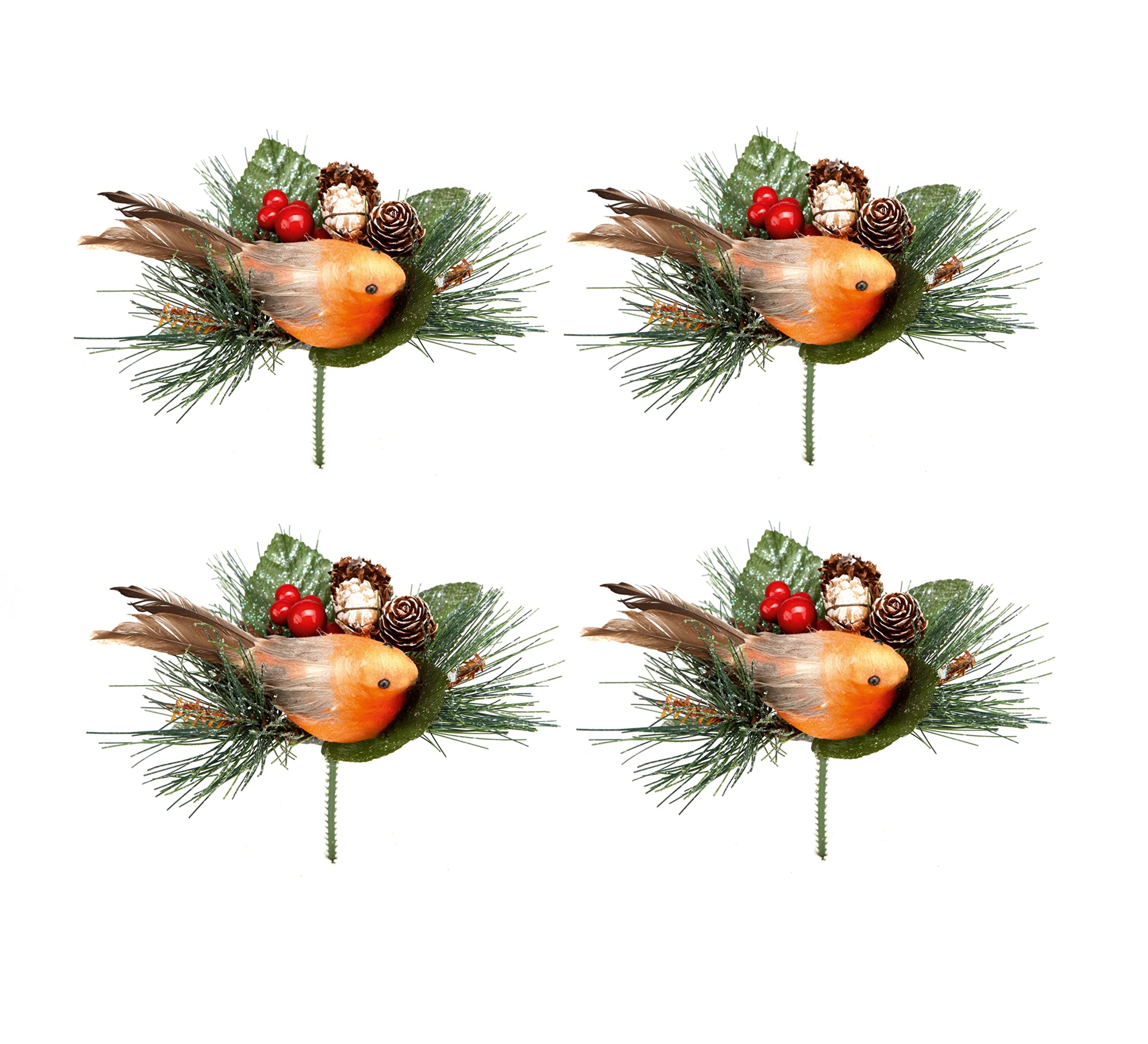 Set of 4 Premier Christmas Robin Pick With Pine Cones Festive Flower Arranging Wreath Decoration, Green
