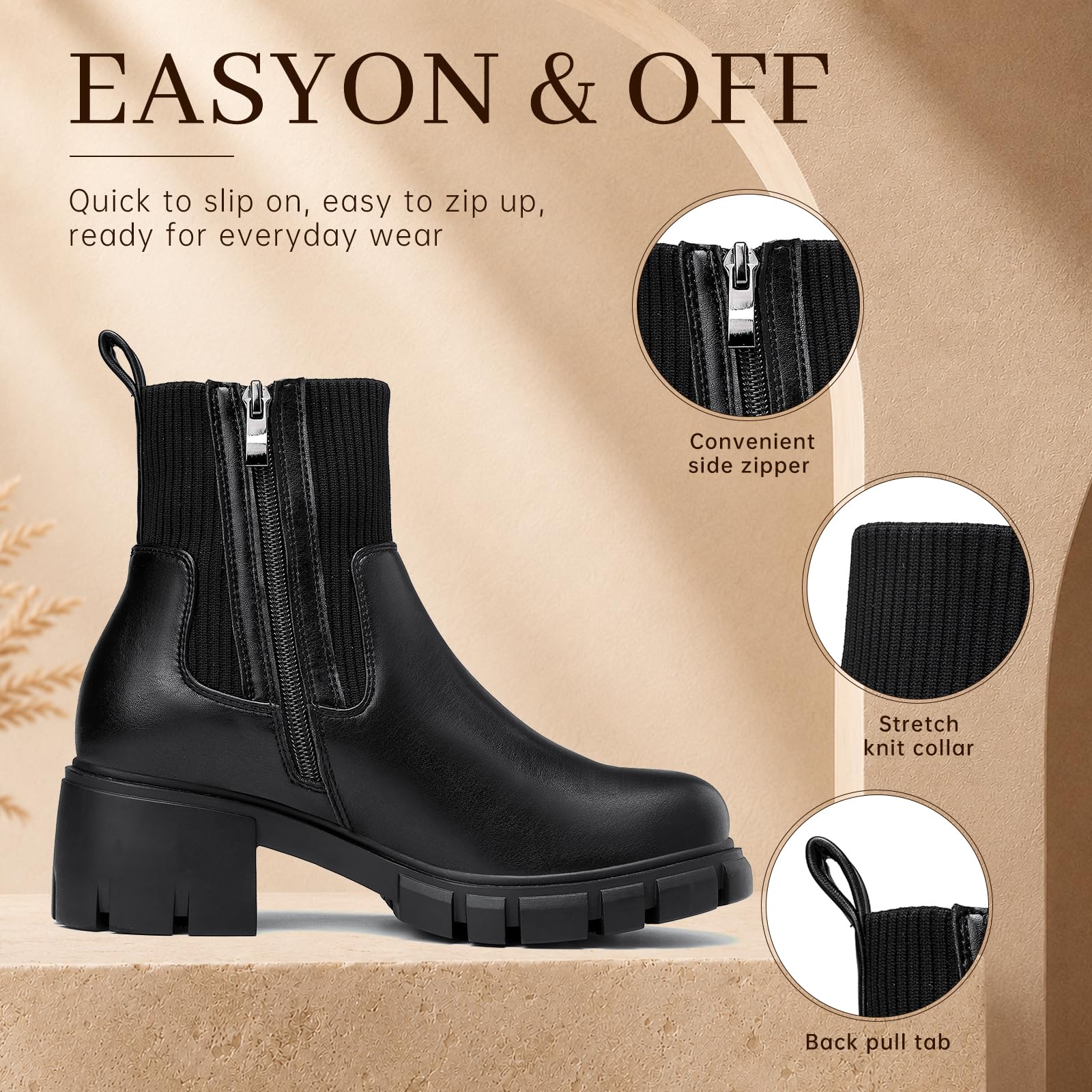 ziitop Damen Chelsea Boots mit Reißverschluss Chunky Plateau Stiefeletten mit Blockabsatz Profilsohle elastischem Einsatz und runder Zehe