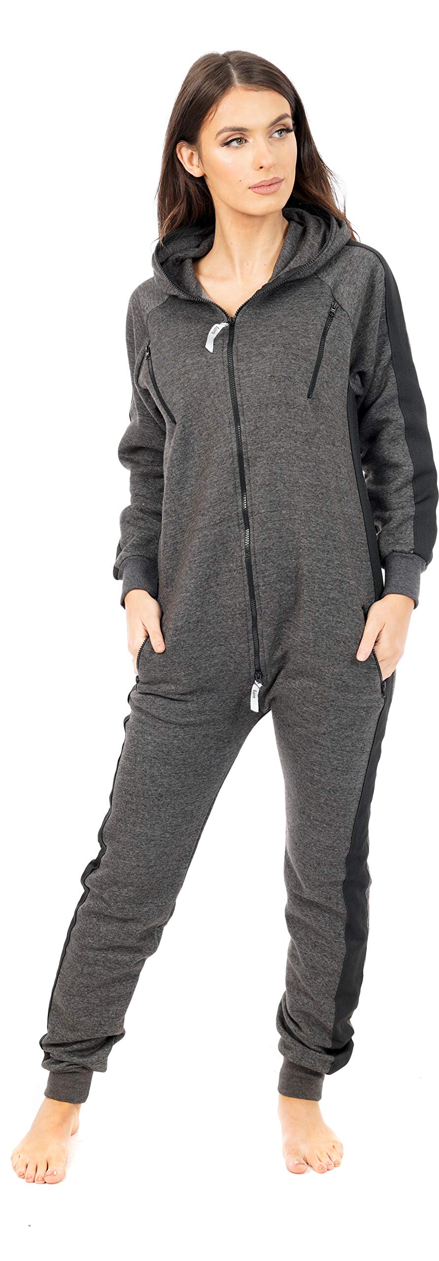 Newfacelook Women's Charcoal Striped Onesie Jumpsuit One Piece Pajamas Unisex Nightwear All In One Hooded Onesies For Zip Up Fleece Overall Jumpsuit Playsuit S-Xl