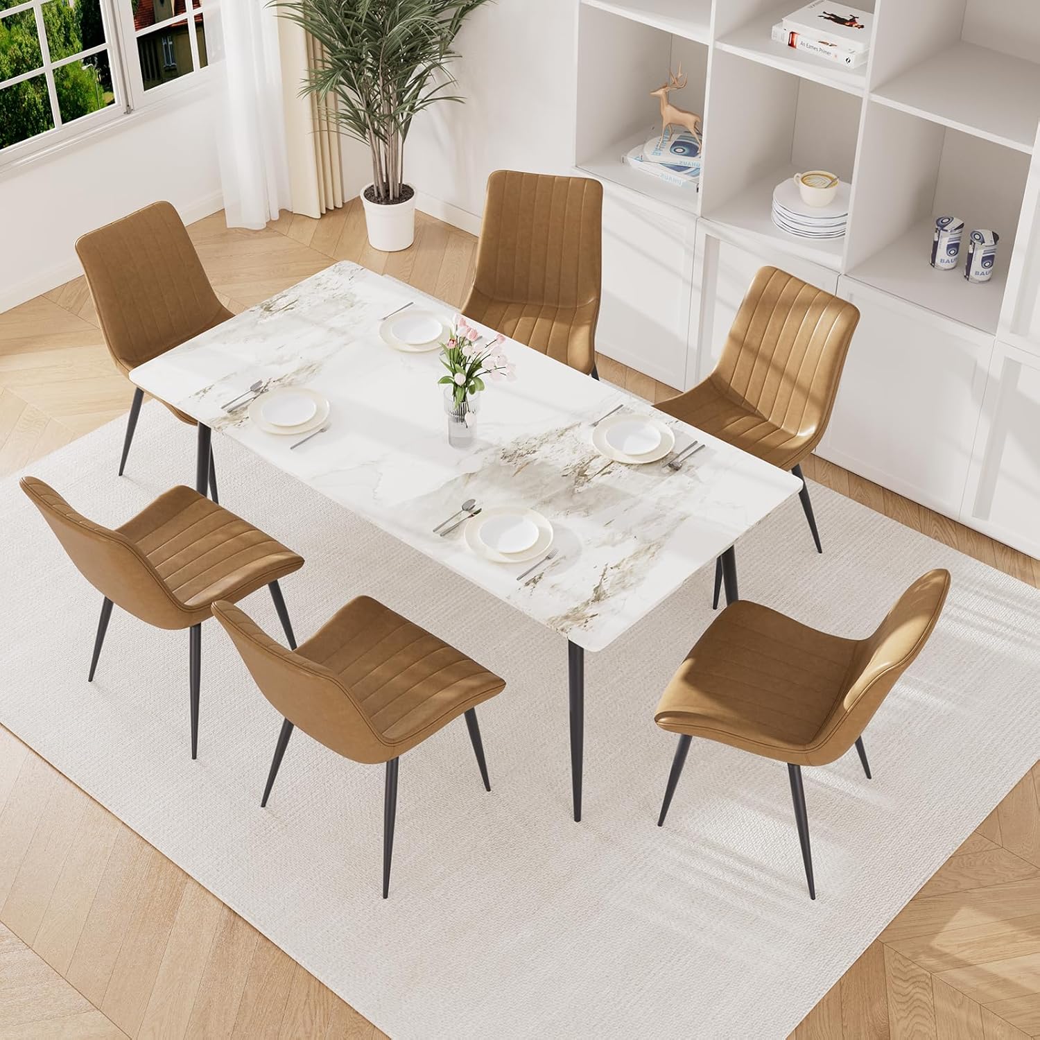 Dining Chairs Set of 6, Leather Modern Kitchen & Dining Room Chairs, Comfortable Upholstered Kitchen Chairs with Metal Legs Armless Side Chairs for Living Room Bedroom Restaurant Cafe, Brown