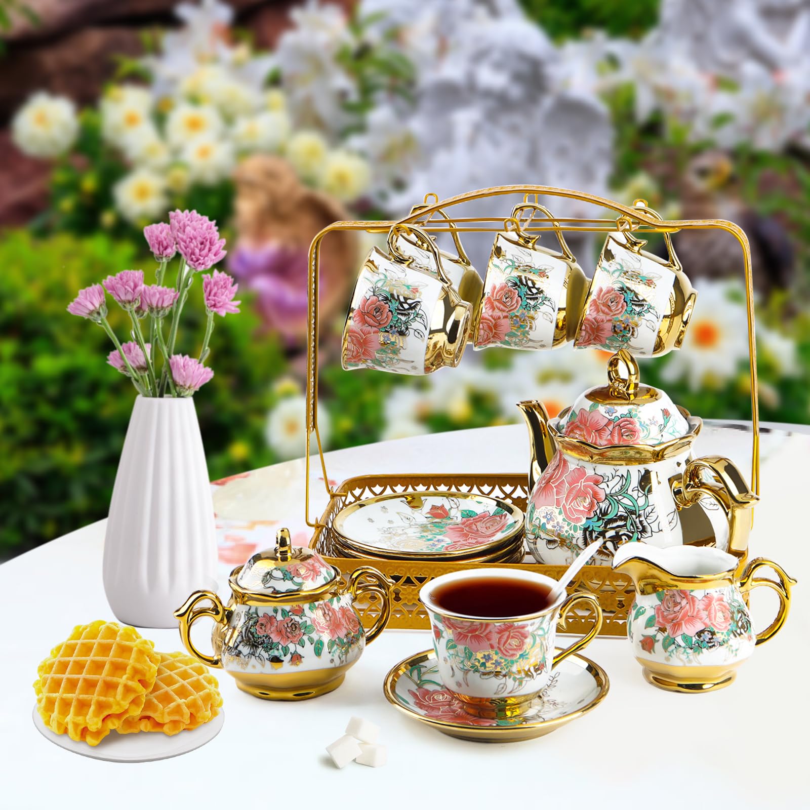 22-częściowy porcelanowy zestaw do herbaty z metalowym uchwytem, europejski ceramiczny zestaw do herbaty dla dorosłych 6, piękne zestawy filiżanek do herbaty do domu i na imprezę