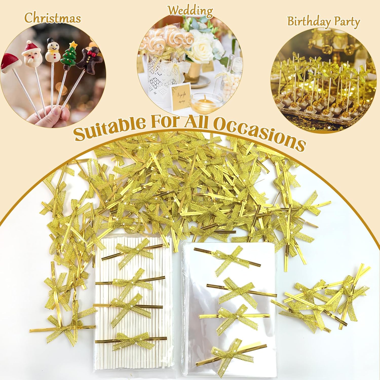 100 Sets Clear Rice Crispy Treat Bags 4x6in with Sticks and Ties Gold Bow, Cake Pop Cellophane Bags for Rice Krispies Cakesicle Packaging Lollipop Candy Making Supplies for Wedding Christmas Party