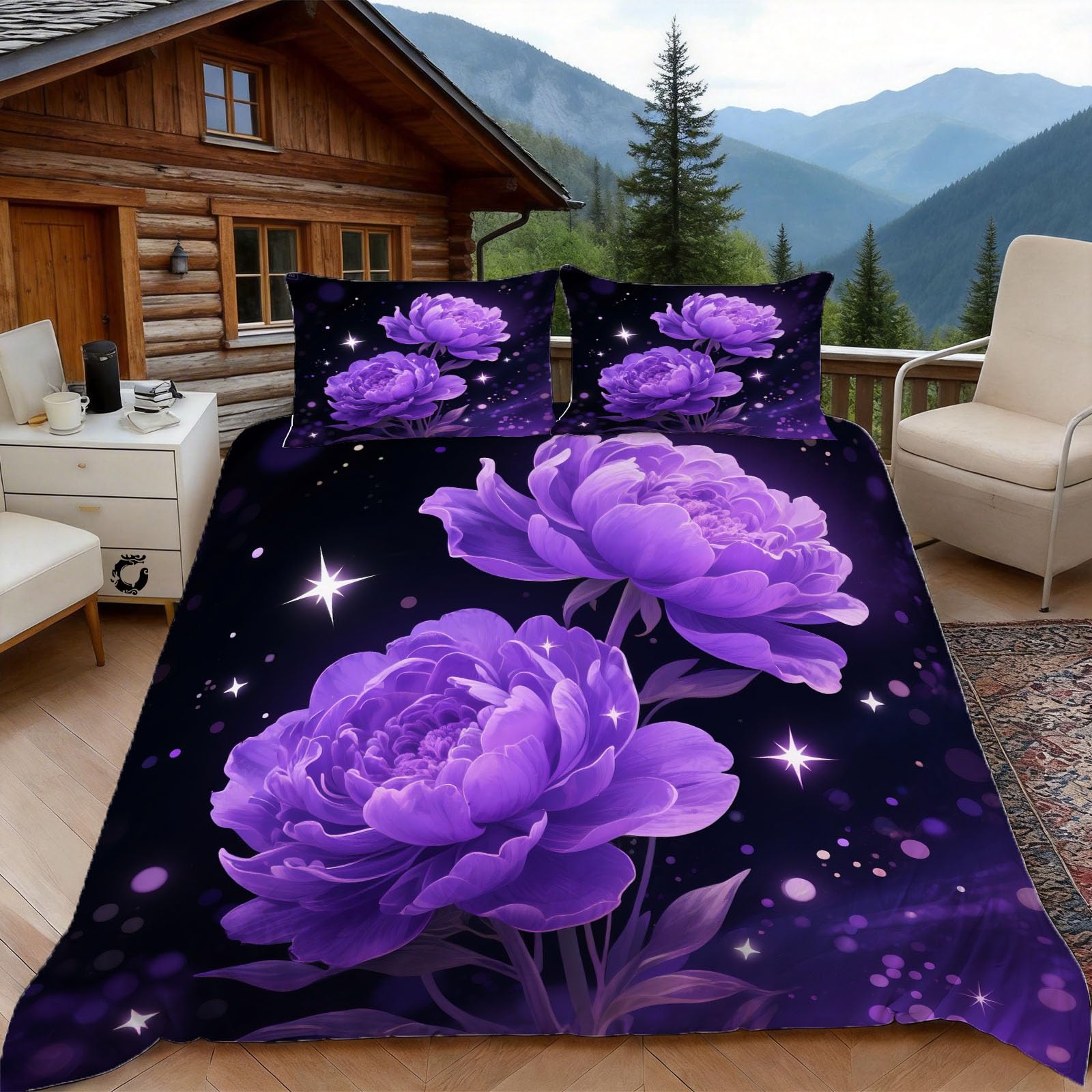 3D Double Duvet Set 3D Printed Peony Bedding, Starry Sky Soft Microfibre Duvet Cover Sets Quilt Cover and Pillow Set with Zipper 3 Pcs