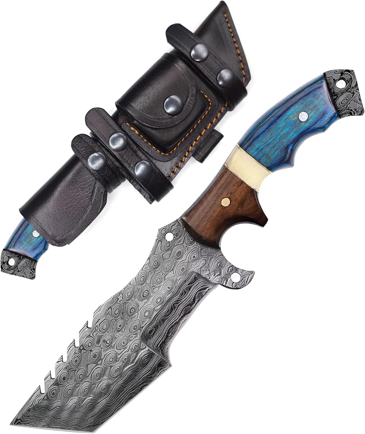 Marshal Tracker 3100 Handmade 10.5" Damascus Knife- Fixed Blade Hunting Knife with sheath-Bushcraft,Survival & Camping Knife-Ideal For EDC. Best Hunting Knife For Men (Pakka Blue Wood,Bone & Rose Wood Handle)