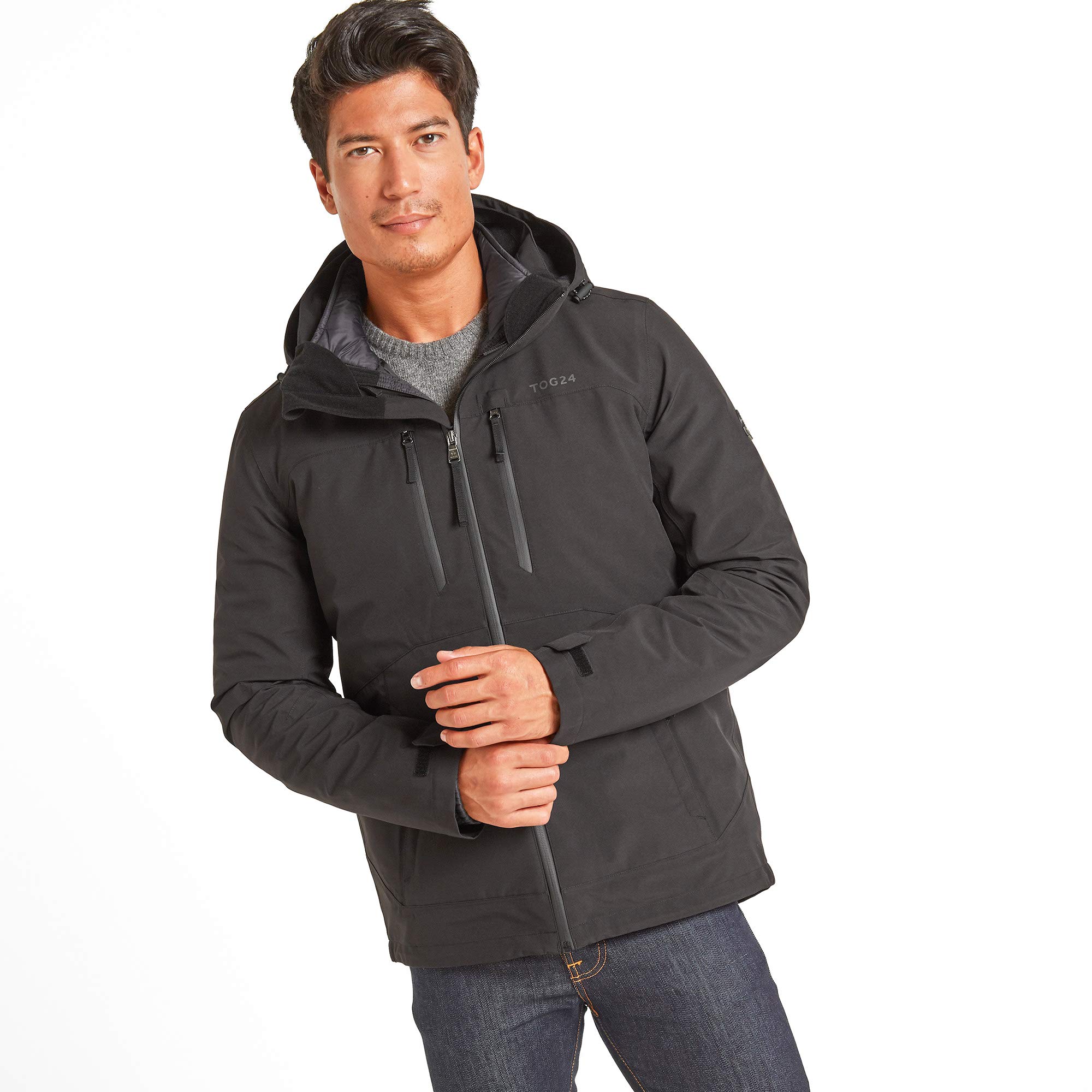Tog24 Men's Black Denton 100% Waterproof 3-In-1 Jacket For 2-Piece Set - Outer Waterproof Coat With Hood And Ultra Warm Inner Jacket To Wear Together Or Separately