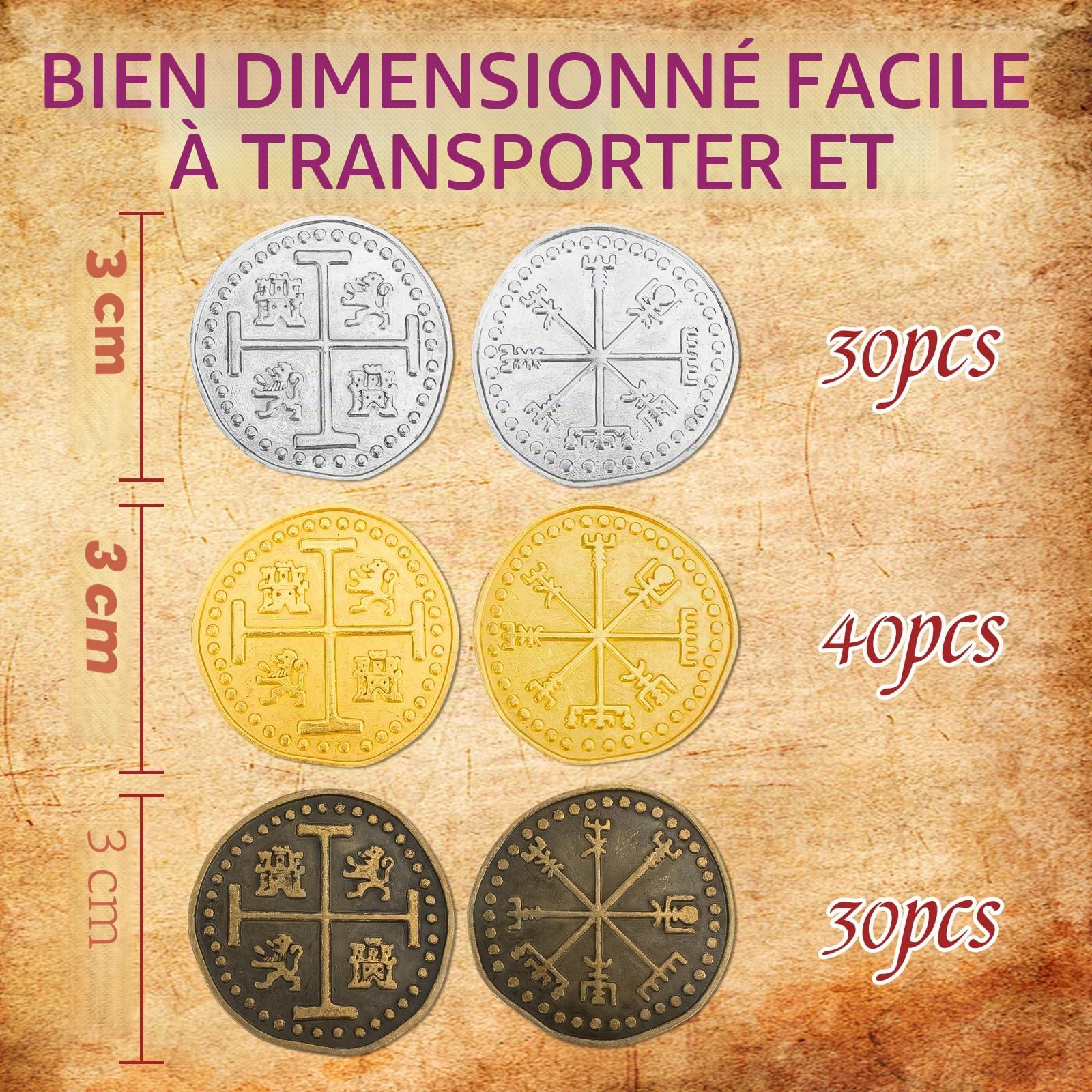 Byhoo Lot de 100 pièces de monnaie en métal - Pirate réaliste - Monnaie espagnole - Accessoire de jeu - Ensemble de Pièces de Pirate - Pour les adolescents