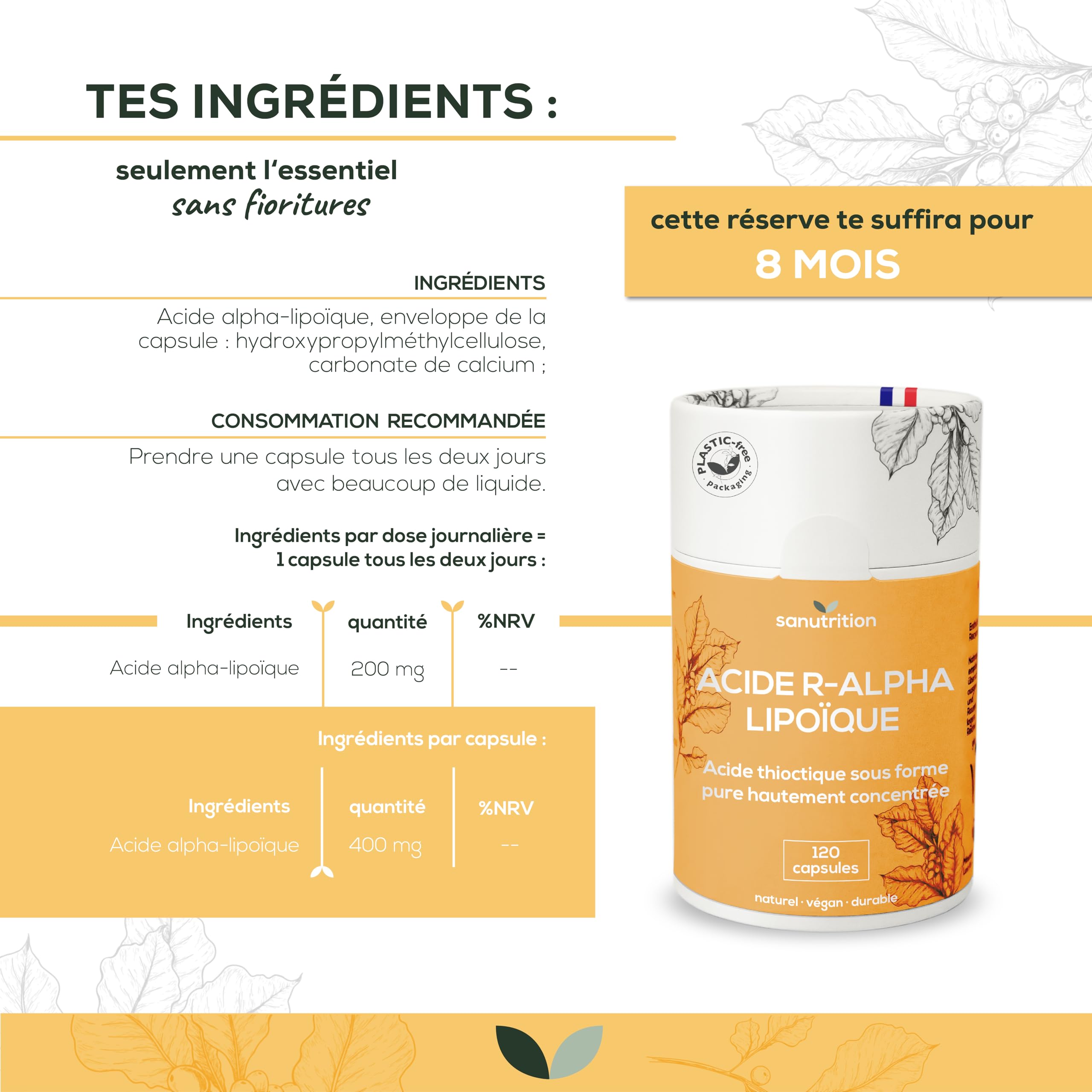 Acide R-alpha-lipoïque 400 mg par capsule | 120 capsules | Hautement dosé | En biodisponibilité particulièrement élevée | Végétalien | Emballage papier 100% écologique