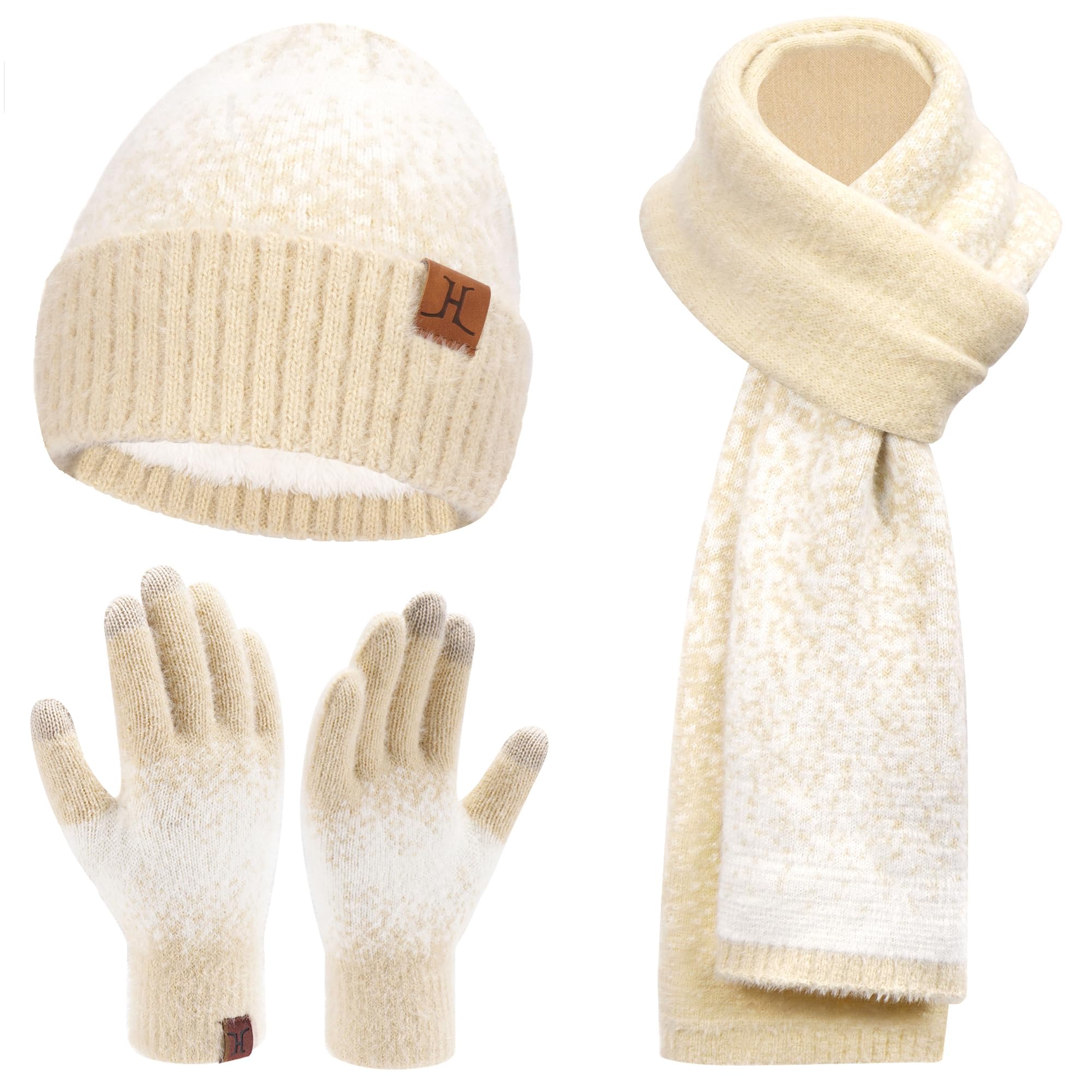 Femme Hiver Tricot Bonnet Chapeau Gants Tactiles Longue Echarpe Ensemble avec Doublure en Polaire Chauffants Skull Casquette Gants Foulards