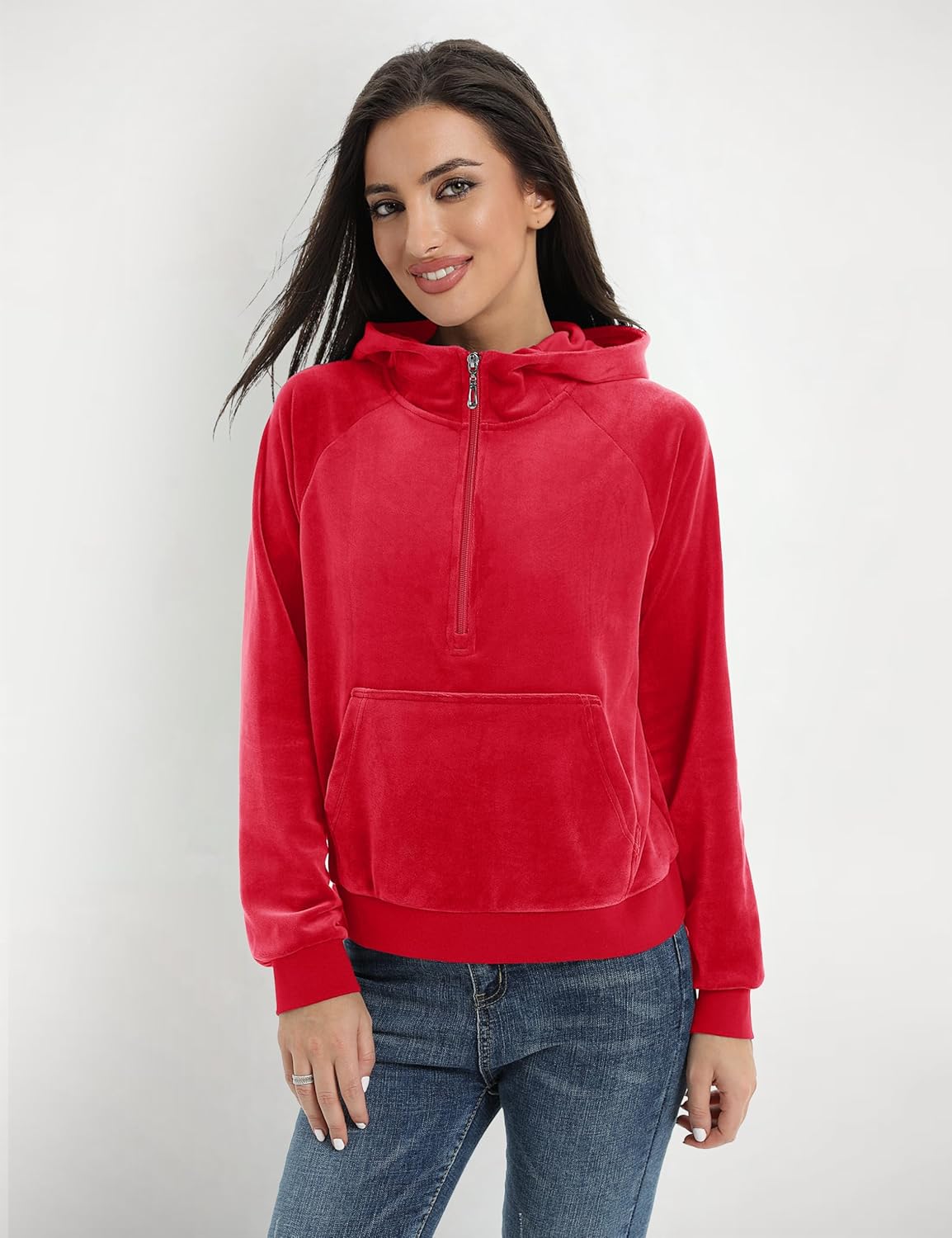 YUCOLEN Women's Cropped Hoodie Velour Half Zip Sweatshirt with Pocket Long Sleeve Fleece Pullover Cozy Casual Clothes - Image 2