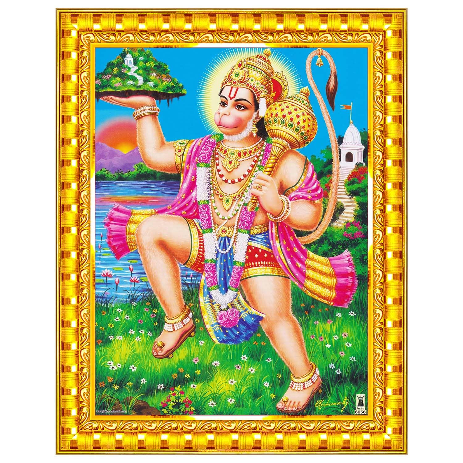 Lord Hanuman Ji Hanumanji Jai Bajrangbali Wall Painting Framed Home Decor (Wood,Matte,Gold,Small Size,6 x 8 Inch) R770S
