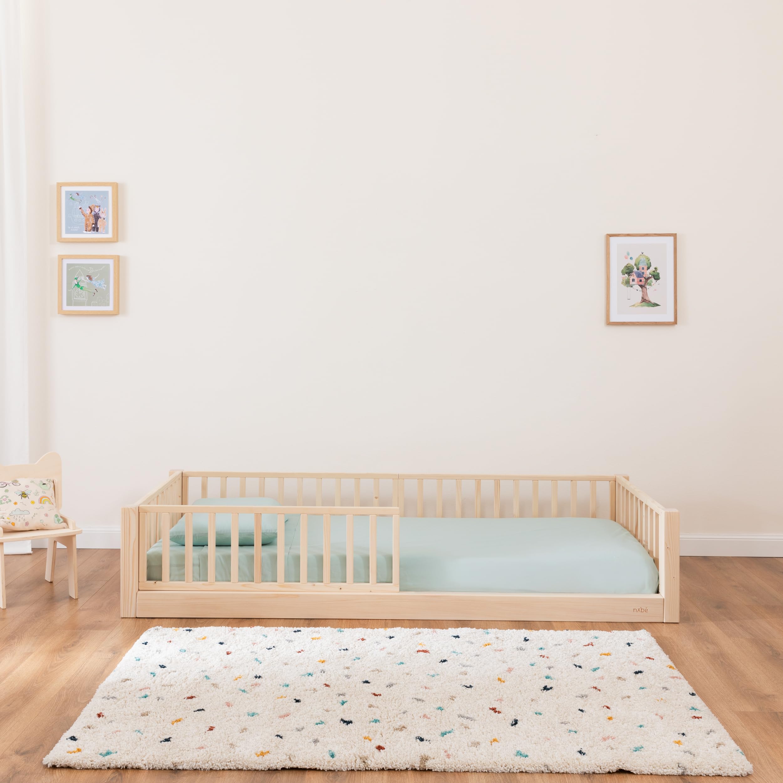 nabè Letto Evolutivo 80x190 cm | Materasso Incluso | Set 5 Sponde protettive - Letto Montessori a terra in Legno Massello Naturale PEFC - Cresce con il Bambino