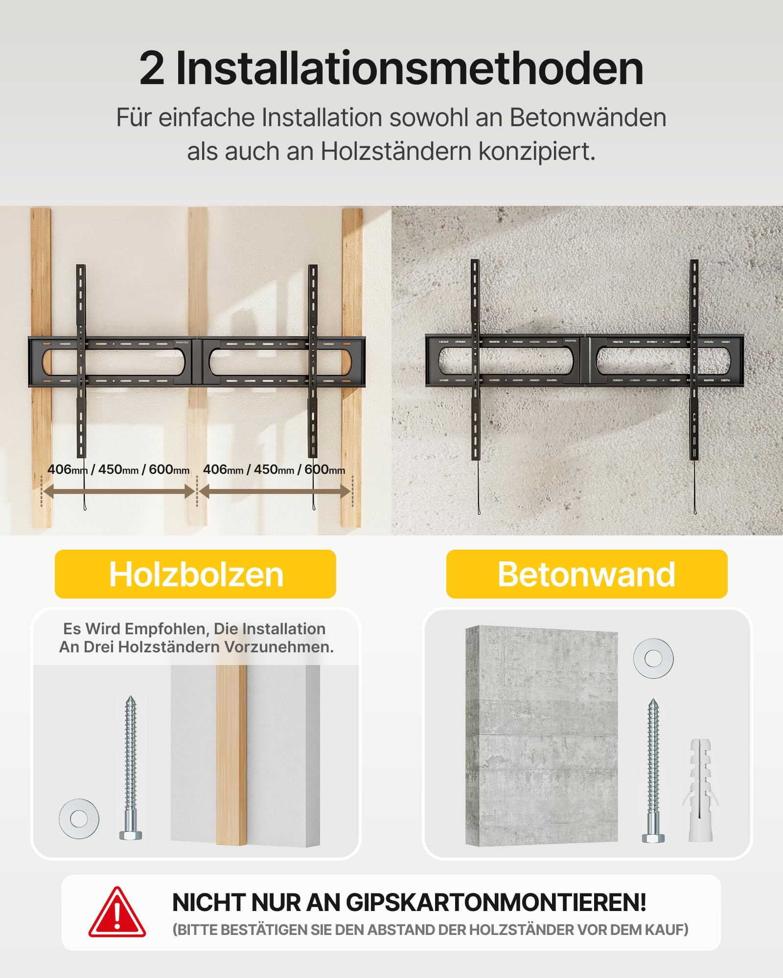 monTEK Heavy Duty Feste TV Wandhalterung 37-140 Zoll | Bis 136 kg Tragkraft, 32 mm ultraschlankes Profil, Passend für 406/450/600 mm Holzständer, Max. VESA 1200×800 mm