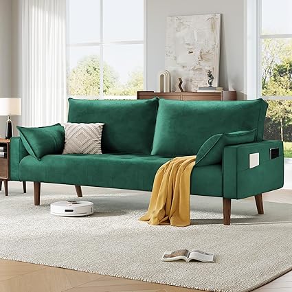 DWVO 68" Loveseat Sofa, Velvet Fabric Sofa Couch for Small Space, Modern Loveseat with Button Tufted Seat and Side Storage Pockect, 3 Seater Couch for Living Room Bedroom, 2 Pillows Included, Green