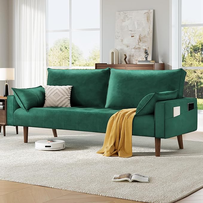 DWVO 68" Loveseat Sofa, Velvet Fabric Sofa Couch for Small Space, Modern Loveseat with Button Tufted Seat and Side Storage Pockect, 3 Seater Couch for Living Room Bedroom, 2 Pillows Included, Green