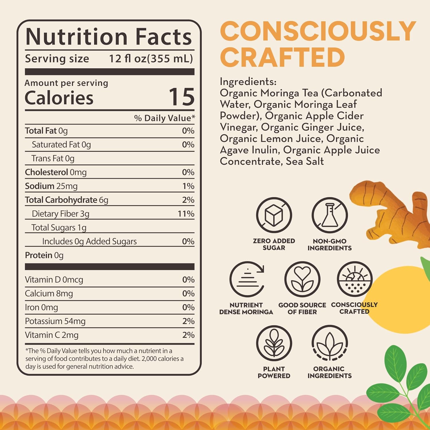 Ringa Sparkling Lemon Ginger Hydration, 12 FZ Sparkling Drink – Organic Moringa + Apple Cider Vinegar with 3g Prebiotic Fiber – No Added Sugar, Gut Health & Daily Hydration – 12oz Cans (LEMON GINGER)
