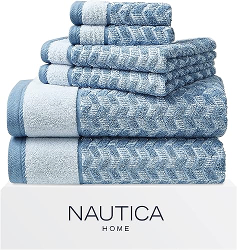 Nautica - Toallas de baño, altamente absorbentes y suaves, decoración de baño elegante (Zane Chevron Blue, 6 piezas)
