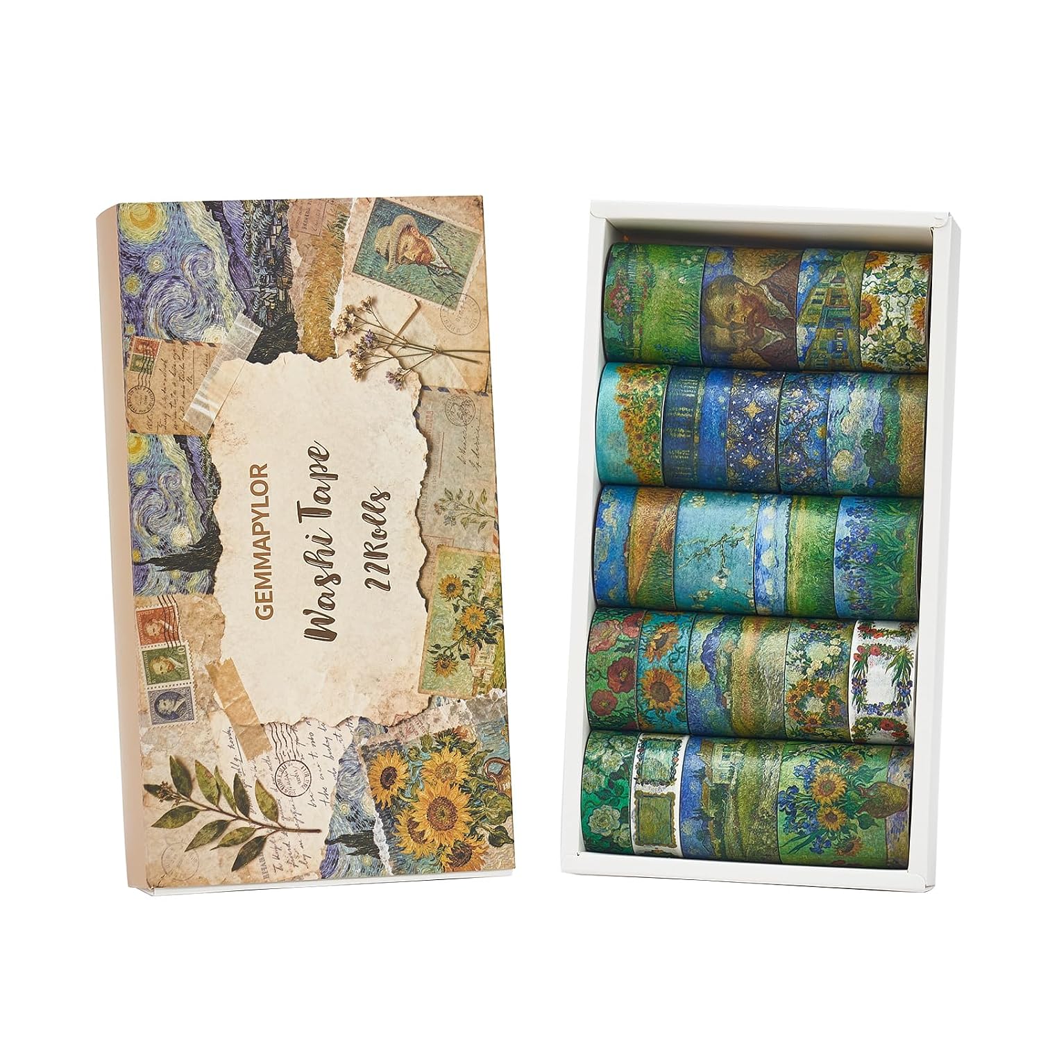 Art Washi Tape Set 22 Rolls, Decorative Masking Tape for Junk Journal, Scrapbooking Supplies, DIY Crafting Supplies