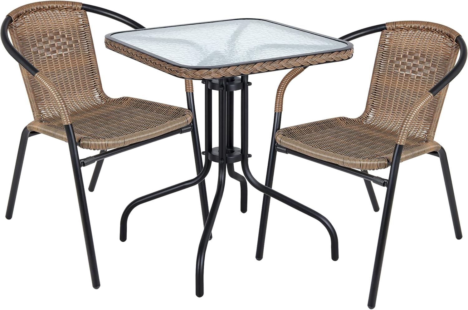 BTEXPERT Brown Indoor Outdoor 28" Tempered Glass Metal Trim + 2 Restaurant Stack, 2 Rattan Chairs with a Square Table